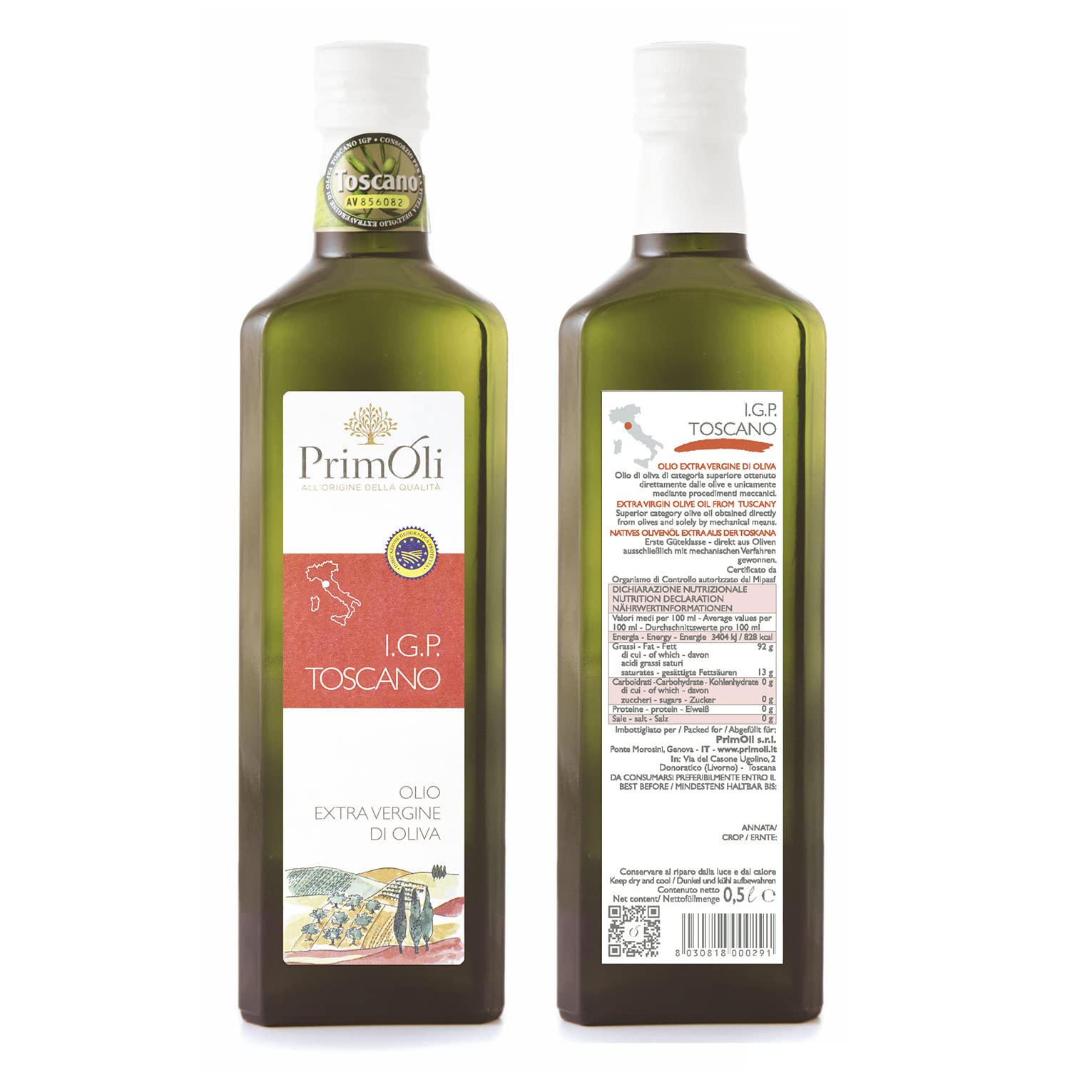 Olio extra vergine d'oliva IGP Toscano PrimOli prodotto e imbottigliato in Toscana, fruttato pieno e persistente, ideale usato a crudo su zuppe rustiche, selvaggina e bruschette, 3x500 ml