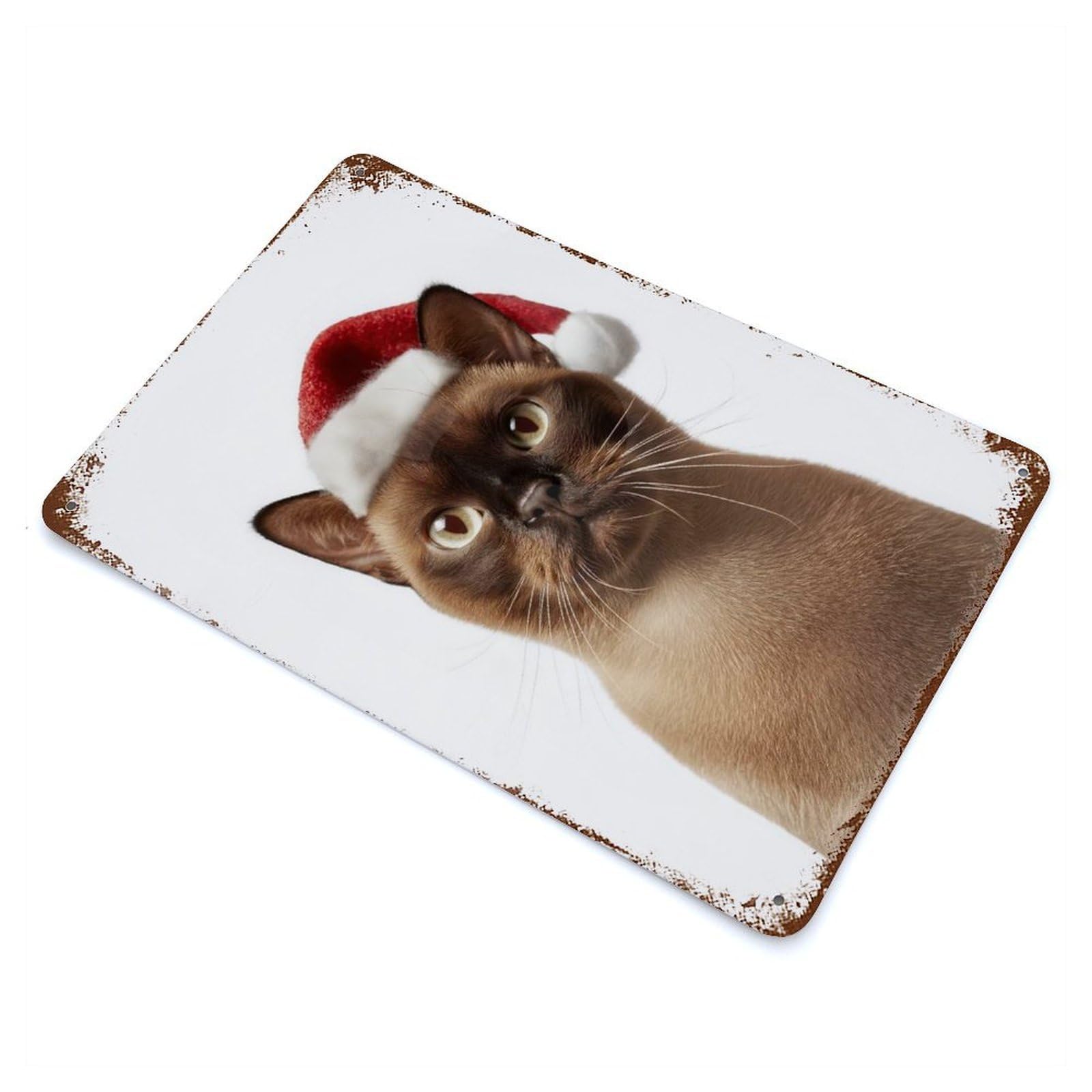 Retro Metal Sign with Festive Burmese Cat in Santa Hat Design 11.8"x7.9", for Living Room, Hallway And Home Decor, Farmhouse Wall Decor