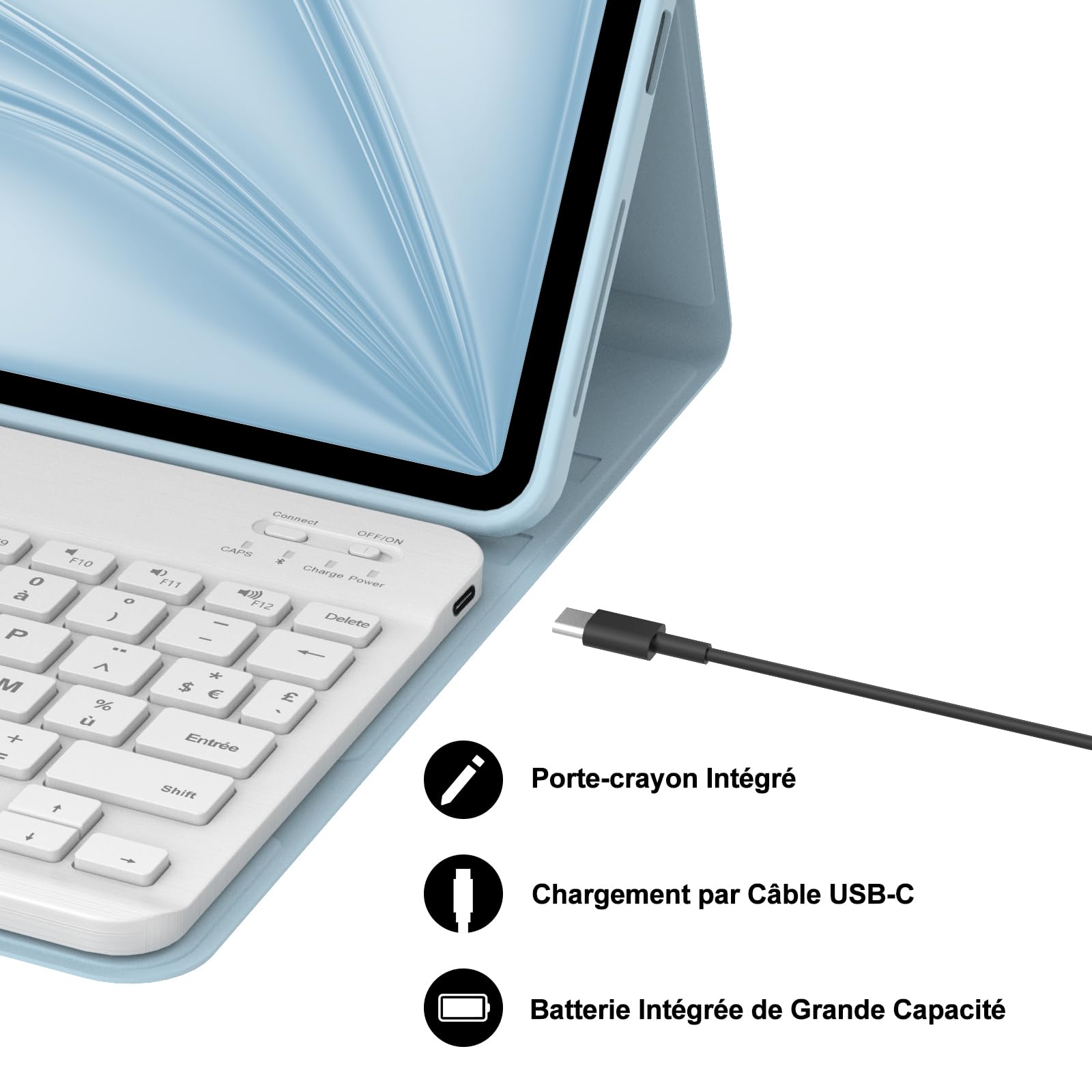 Funda teclado para iPad Air de 11 pulgadas (M3 2025, M2 2024), AZERTY francés funda teclado Bluetooth magnética desmontable con soporte para tablet iPad Air de 10,9" (5e/4ª generación), azul cielo