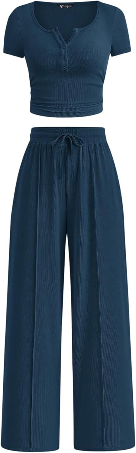 PRETTYGARDEN Womens 2 Piece Outfits Summer 2025 Ribbed Knit Button Short Sleeve Tops Casual Wide Leg Pants Lounge Sets