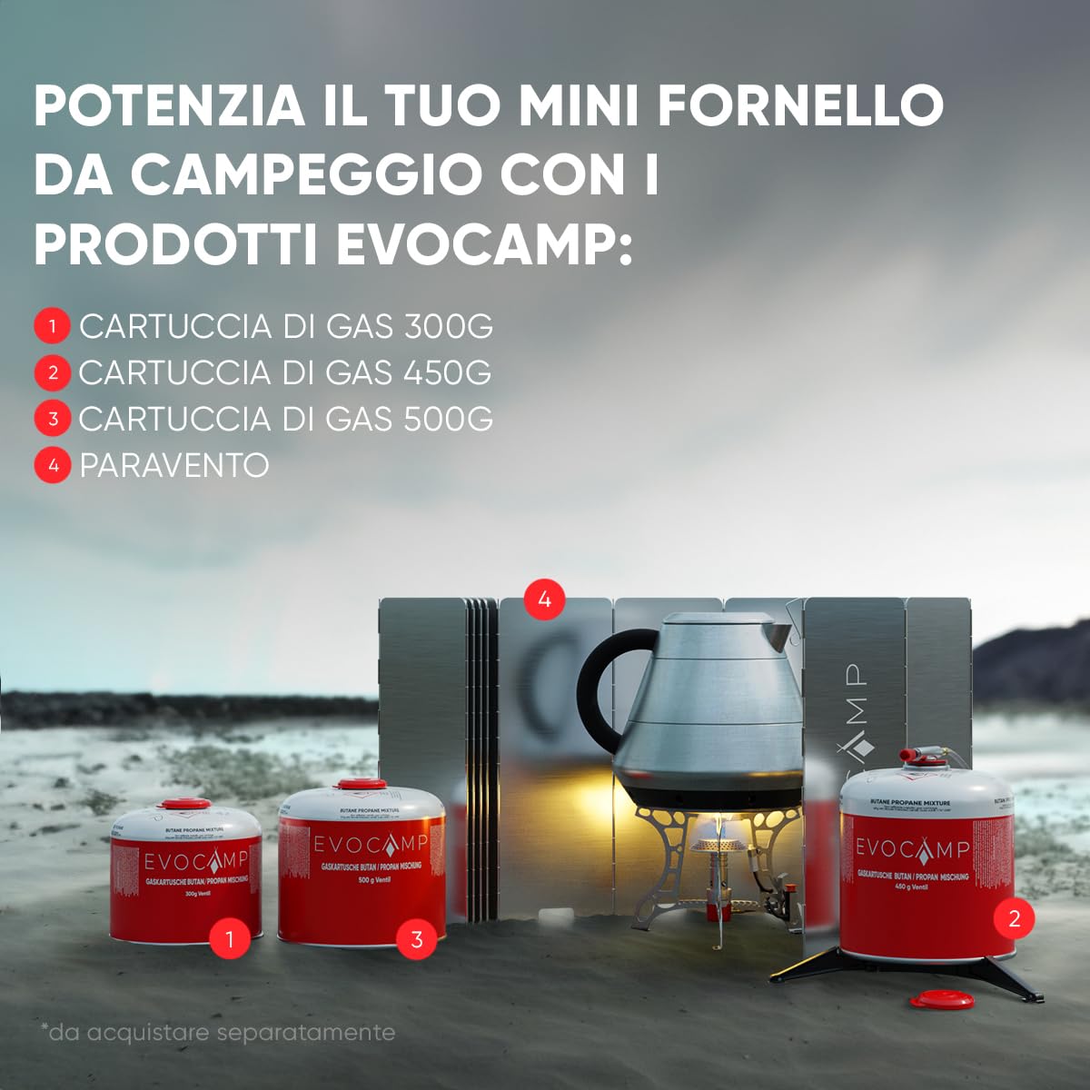 EVOCAMP fornello da campeggio compatto 3,2 kW con accensione piezoelettrica, fornello da campeggio, mini-fornello a gas - ideale per campeggio, pesca e attività all'aperto