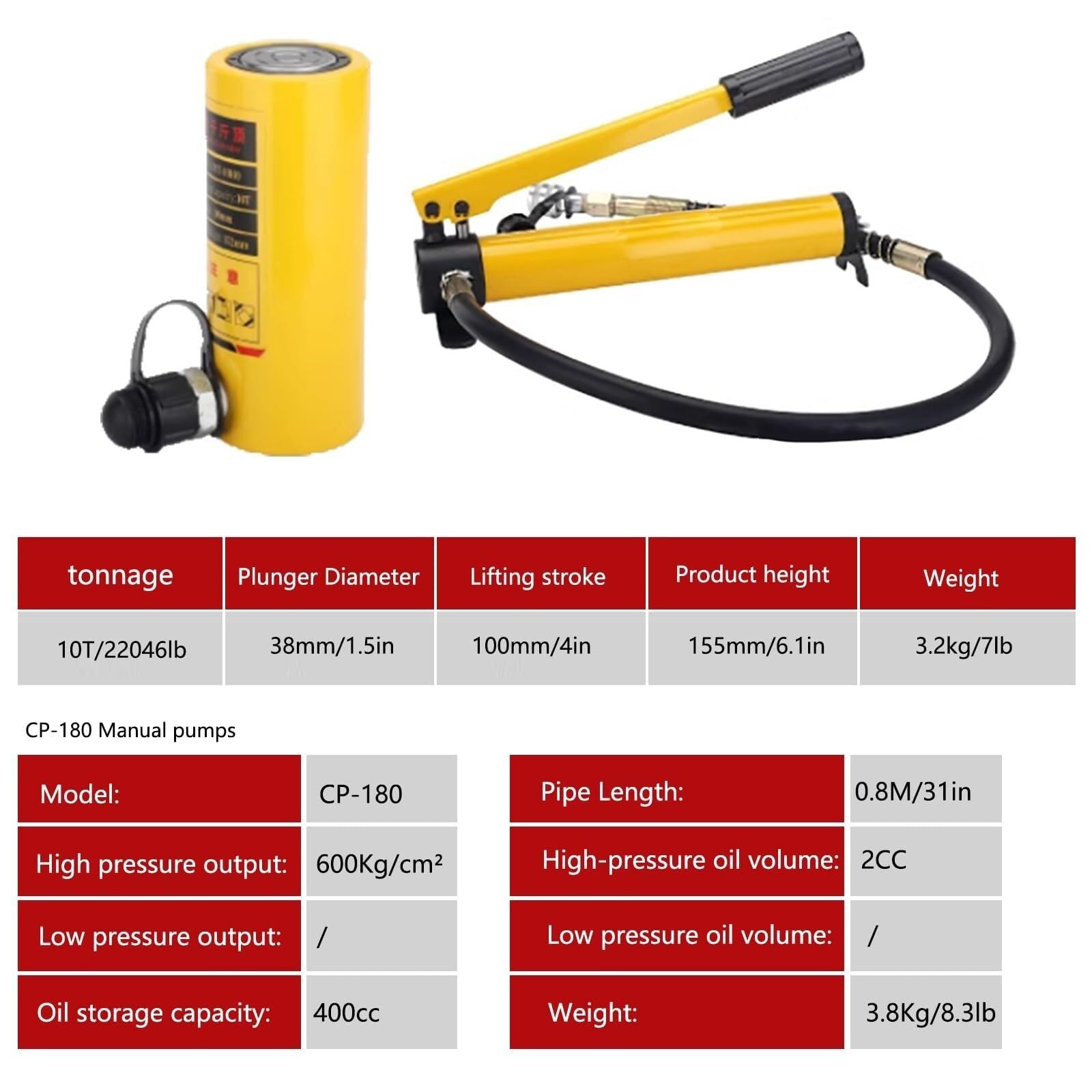 Martinetto idraulico a cilindro con corsa da 4 pollici/100 mm, pompa a mano, retrazione automatica for navi, ponti, costruzioni(10T jack+CP-180 hand pump)