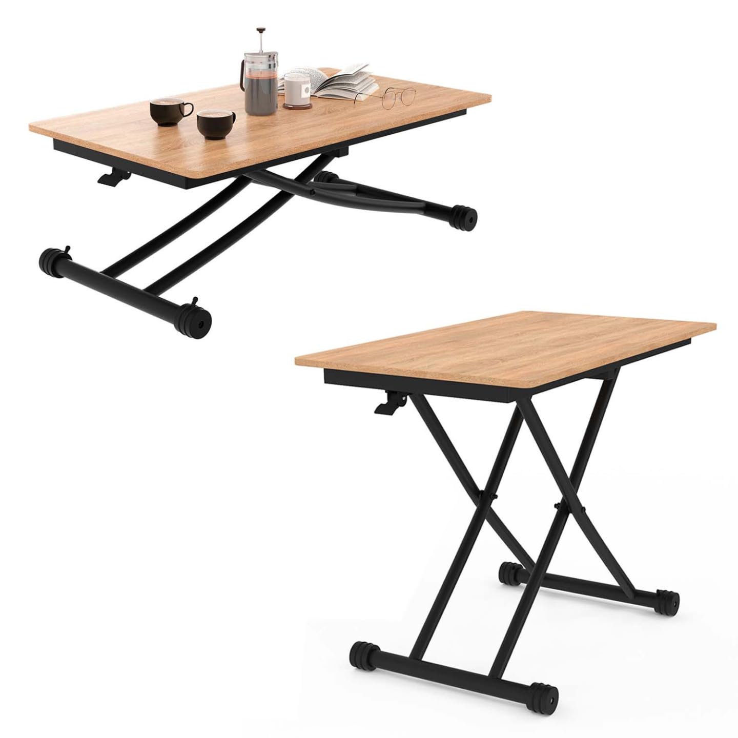 IDMarket – Mesa de centro fija elevable en mesa de comedor Urbana madera/negro | Rectangular, 100 x 57 x 28/75 cm, bandeja de madera y pie negro, diseño industrial