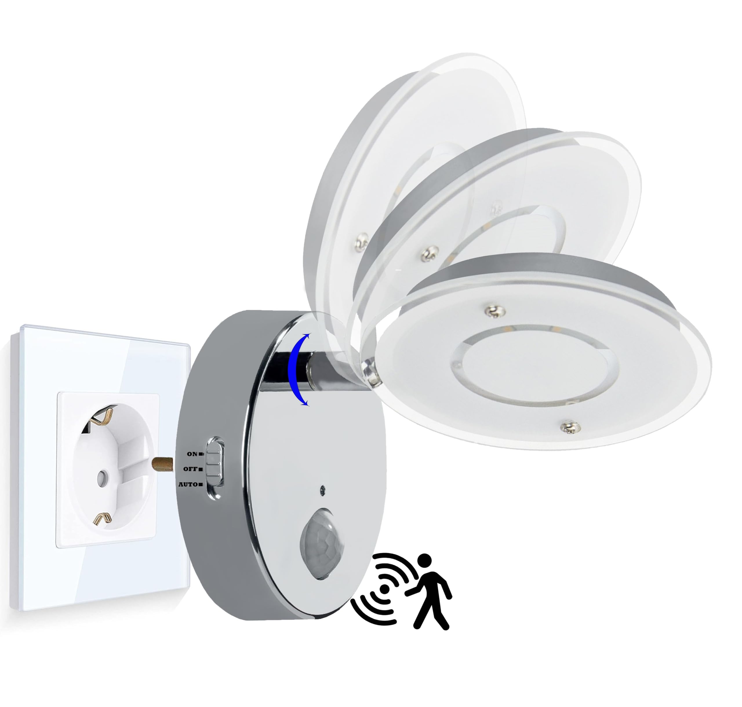 Trango 2er Pack 2636-028 LED Sensor Nachtlicht *NITE* in Chrom mit Automatikfunktion direkt 230V mit Bewegungssensor I Sicherheitslicht I Steckdose Lampe I Wandlampe I Orientierungslicht I Nachtlampe