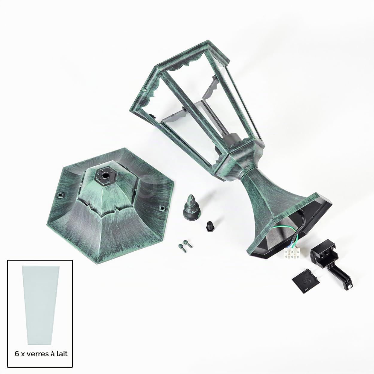 Lampe d'allée extérieure Hongkong, lampe de socle en métal/verre en noir-vert/verre laiteux, lampe d'allée, 50 cm IP44, 1 x E27, ampoule(s) non incluse(s)