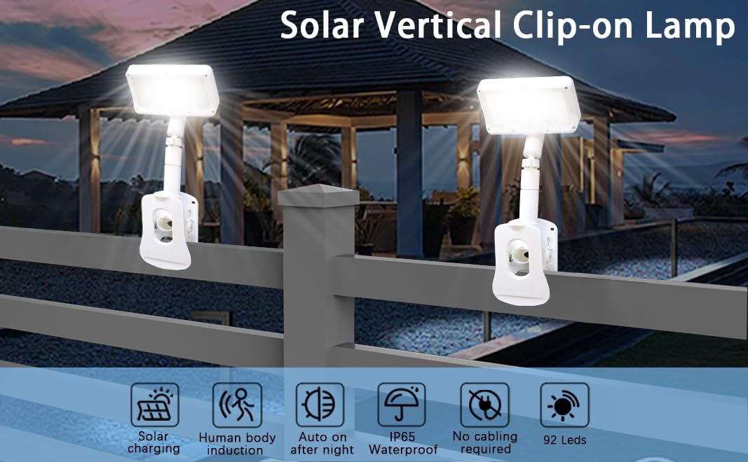 Solarleuchte für Außentreppen & Deck, 92 LED Bewegungsmelder, IP65 Wasserdicht, Clip & Ständer Dual Use, Auto On/Off mit Lichtsensor, ideal für Zaun, Camping, Gartenbeleuchtung (1-Pack)