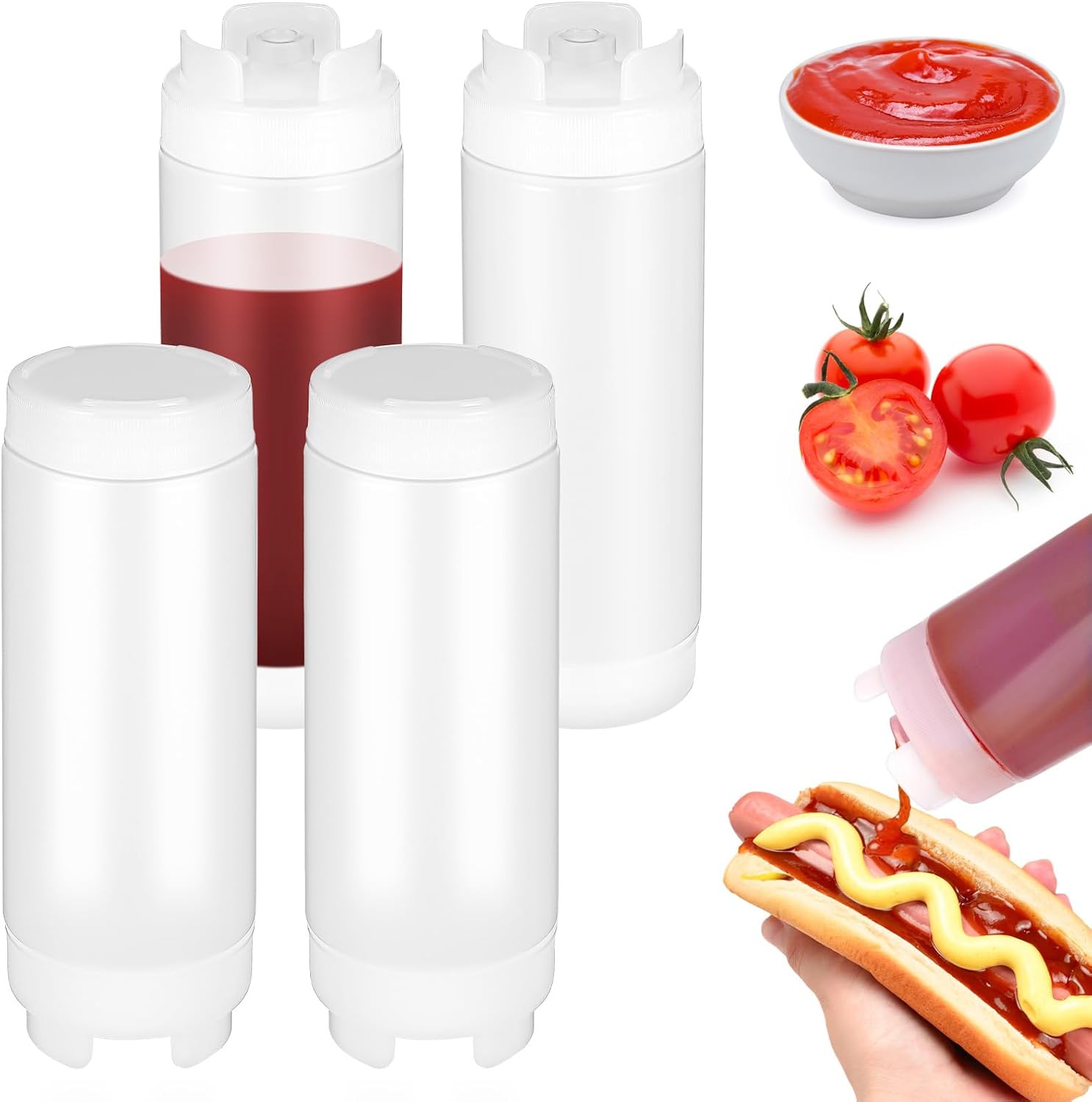 4 Pcs Kitchen Squeeze Bottle, 32 Oz Drizzle Bottle for Sauces & Dressings, No Drip Self-Sealing Mayonnaise Squeeze Bottles, Inverted Refillable Condiment Dispenser for Restaurant, White