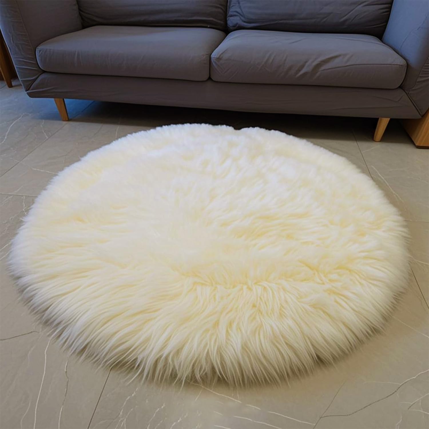 Kopal Round Sheepskin Rug, Real Sheep Skin Fur Rug, Lambskin Area Rug, 4X4 ft, Natural White