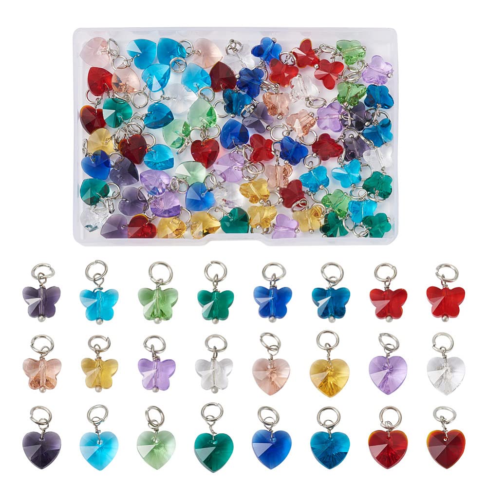 Cheriswelry 96pcs Butterfly Glass Charms Faceted Transparent Crystal Pendants Love Heart Dangle Charms Hang Ornament 1314mm for DIY Earring Necklace Jewelry Making
