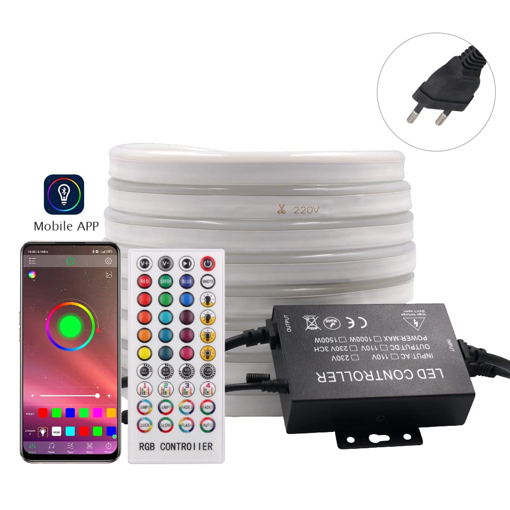KISUFU 220V LED Strip RGB mit IC Neon, 10m LED Streifen mit App-Steuerung, DIY-Farbwechsel Lichtband, Musik Sync,Neon Lichtband für Wohnzimmer, Schlafzimmer, Christmas Wand Deko