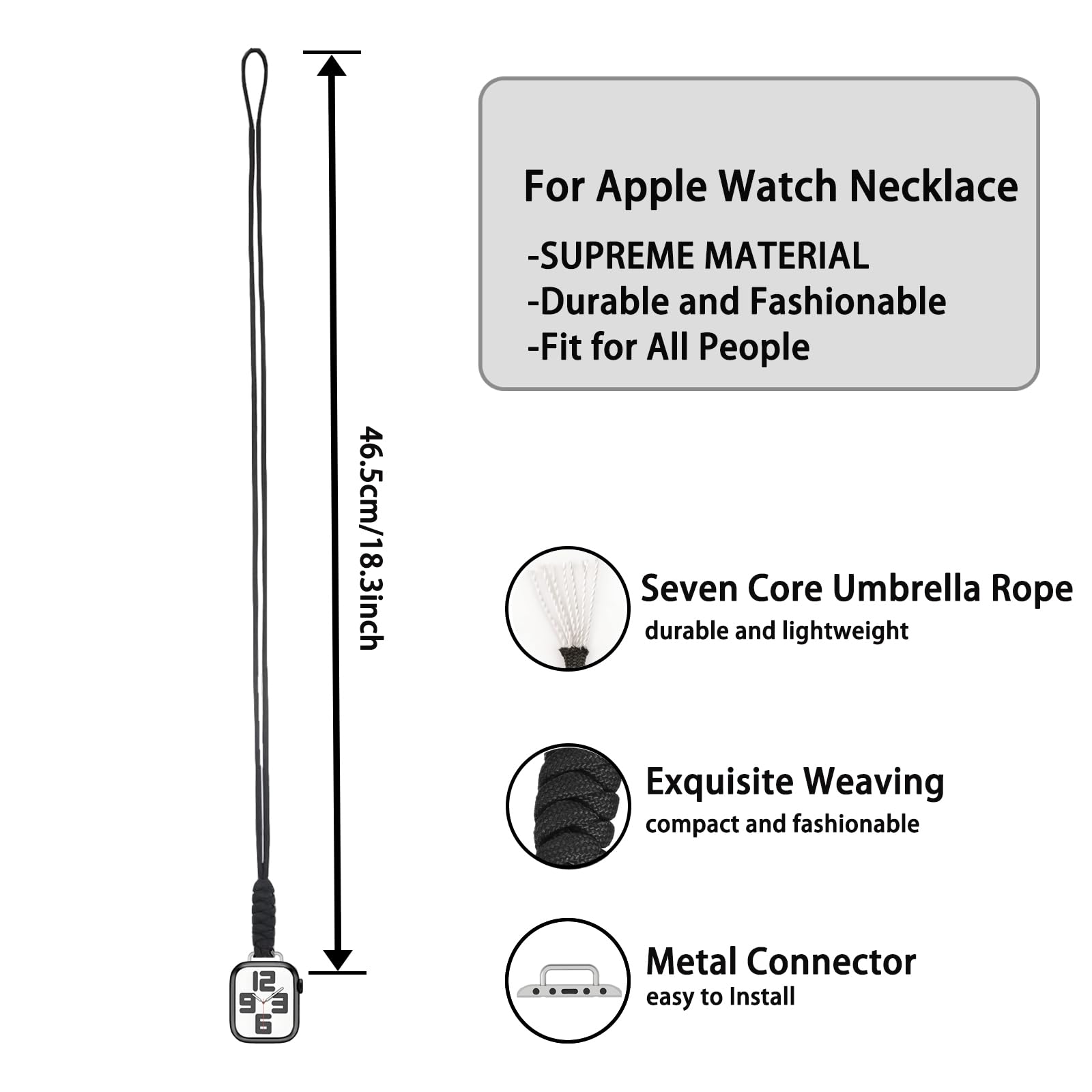 Compatible with Apple Watch Necklace Adapter Pendant, Nylon Weave Chain Compatible with Apple Watch Series 10, Ultra 2, SE, Ultra 9 8 7 6 5 4 38mm 40mm 41mm 42mm 44mm 45mm 46mm 49mm Women Men, Necklace Lanyard Chain Connector for iWatch (44/45/46/49/42(series 3)-black)