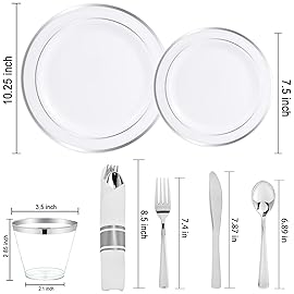 WELLIFE 210 Piece Silver Plastic Dinnerware Set for 30 Guests, Plastic Plates for Party, Include: 30 Dinner Plates, 30 Dessert Plates, 30 Pre Rolled Napkins with Silver Silverware and 30 Silver Cups