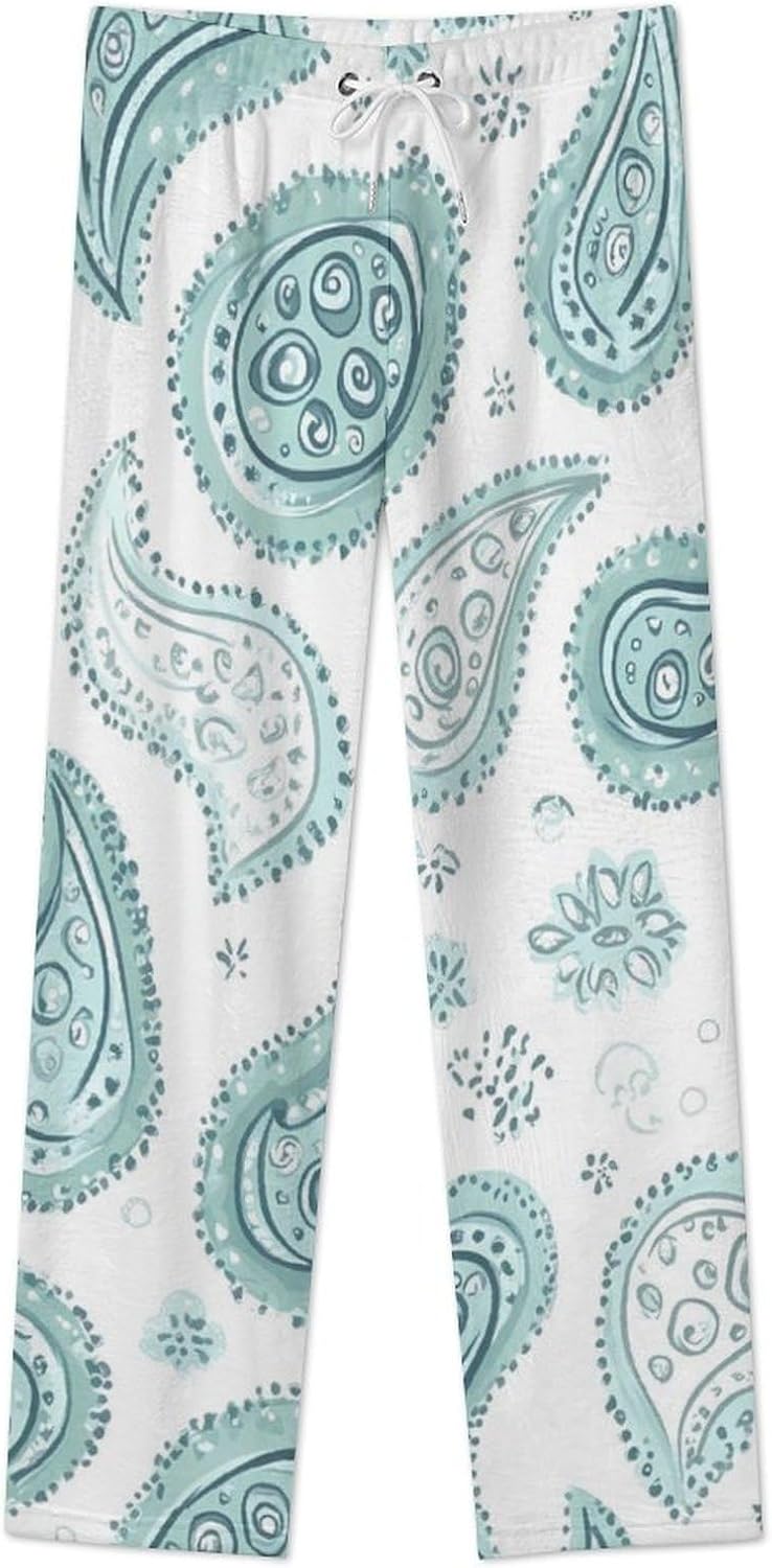 Paisley Pattern Light Blue And Green Flannel Pajama Pants Women Soft Fleece Sleep Pj Lounge Bottoms