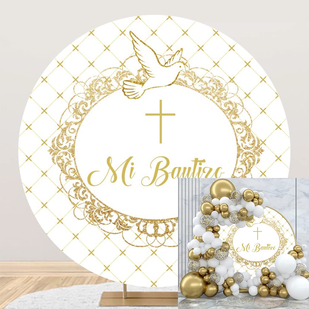 OERJU 7.2x7.2ft Mi Bautizo Round Backdrop First Holy Communion Baptism Christening White Photography Background Circle Backdrop Cover Newborn Baby