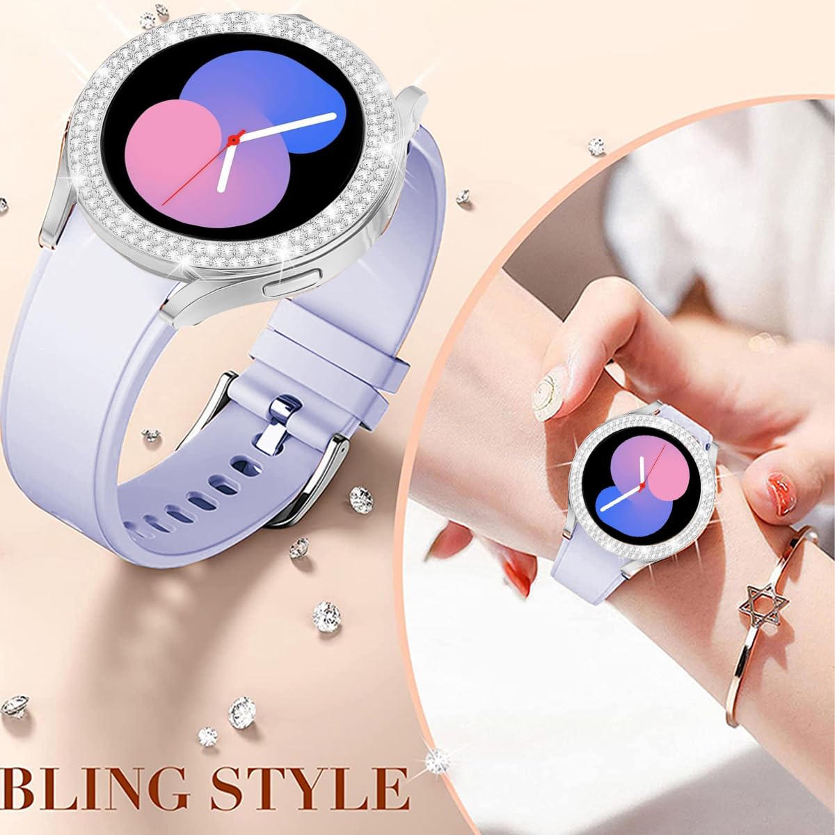 DEALELE [2-PACK] Case Compatible with Samsung Galaxy Watch 5/4 44mm, Bling Single-Row Diamond PC Protective Case Replacement Watch Cover Bumper (44mm, Gold+Transparent) — view 11