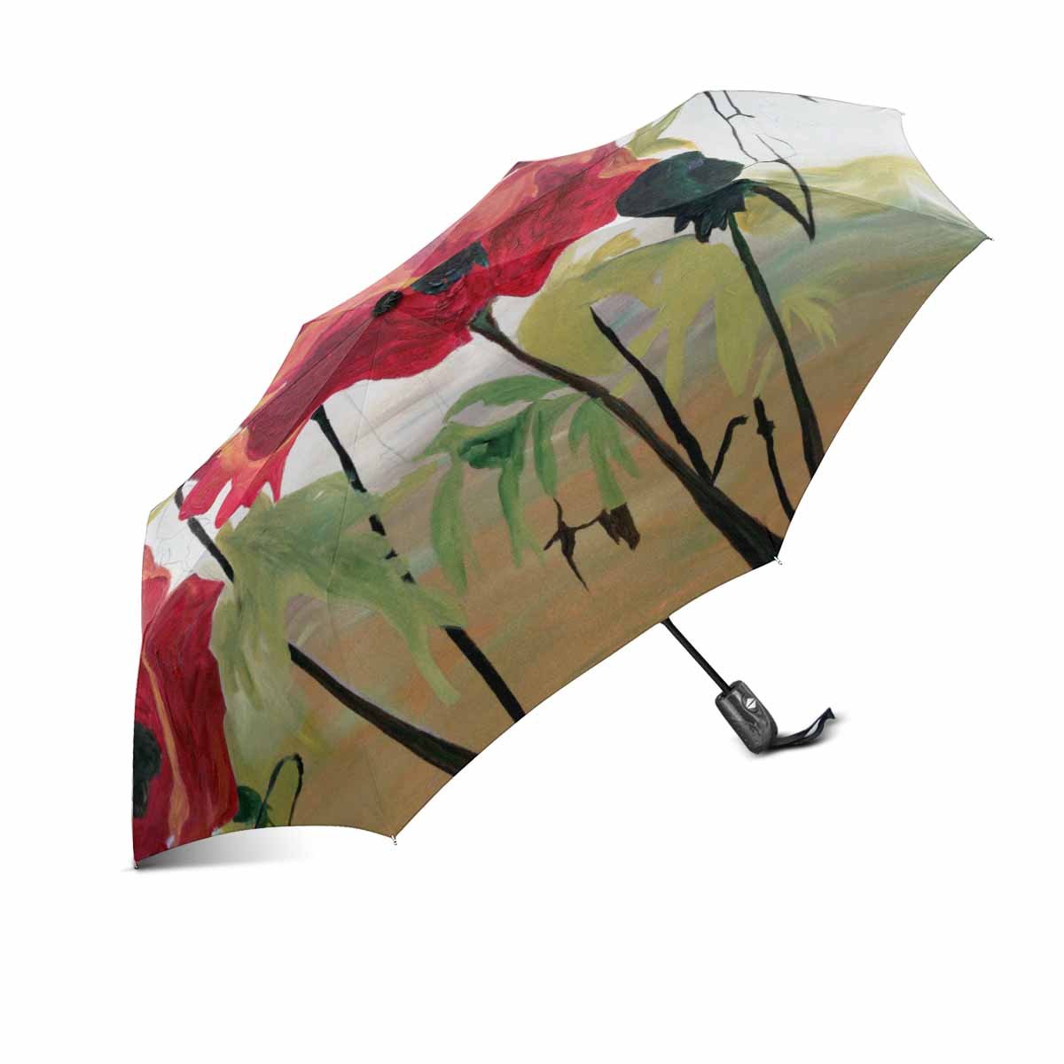 Red Poppy Flower Pattern Theme Design Windproof Rainproof, Travel Umbrella Compact Sun/Rain