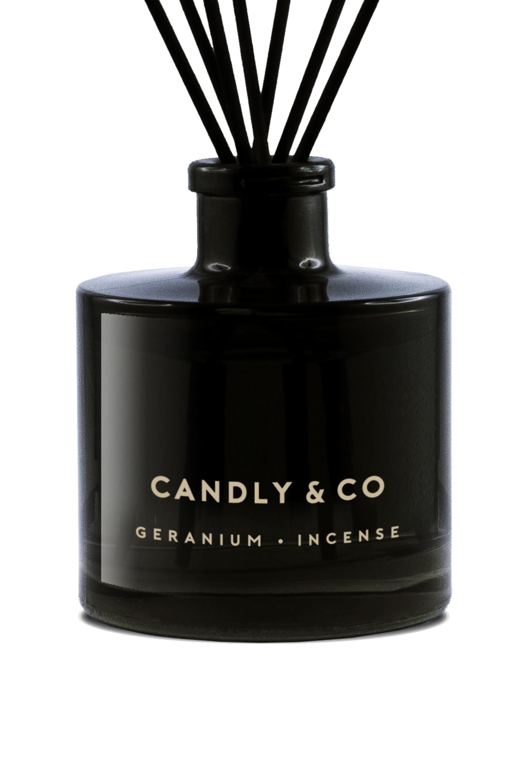 Candly&Co No. 1 Geranio – Bastoncini di incenso/Bastoncini profumati di lusso/Bottiglia in vetro fumé/8 bastoncini/200 ml/Geranio, incenso, rosa, legno orientale, ambra, muschio bianco