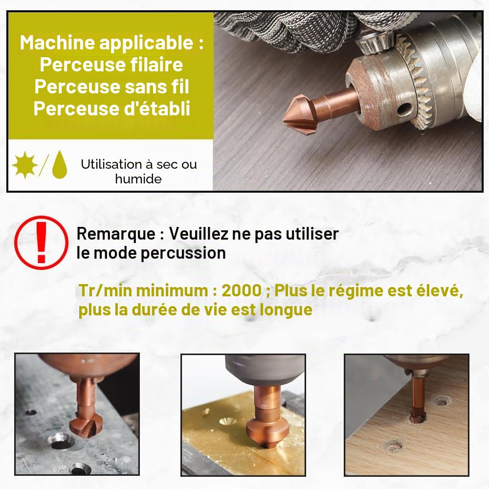 Fraise à Chanfreiner HSS - Cobalt Plaqué Fraise à Noyer Foret à Fraiser Métal pour Acier Inoxydable Fer Aluminium Cuivre Bois 6 pièces (6,3/8,3/10,4/12,4/16,5/20,5mm), Tige Ronde