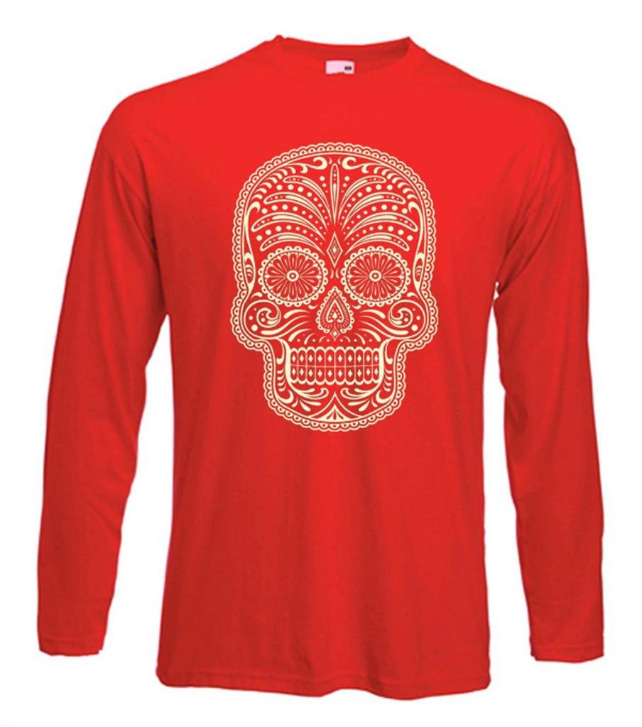Tribal T-Shirts Mens Sugar Skull Long Sleeve T Shirt (Large, Red)