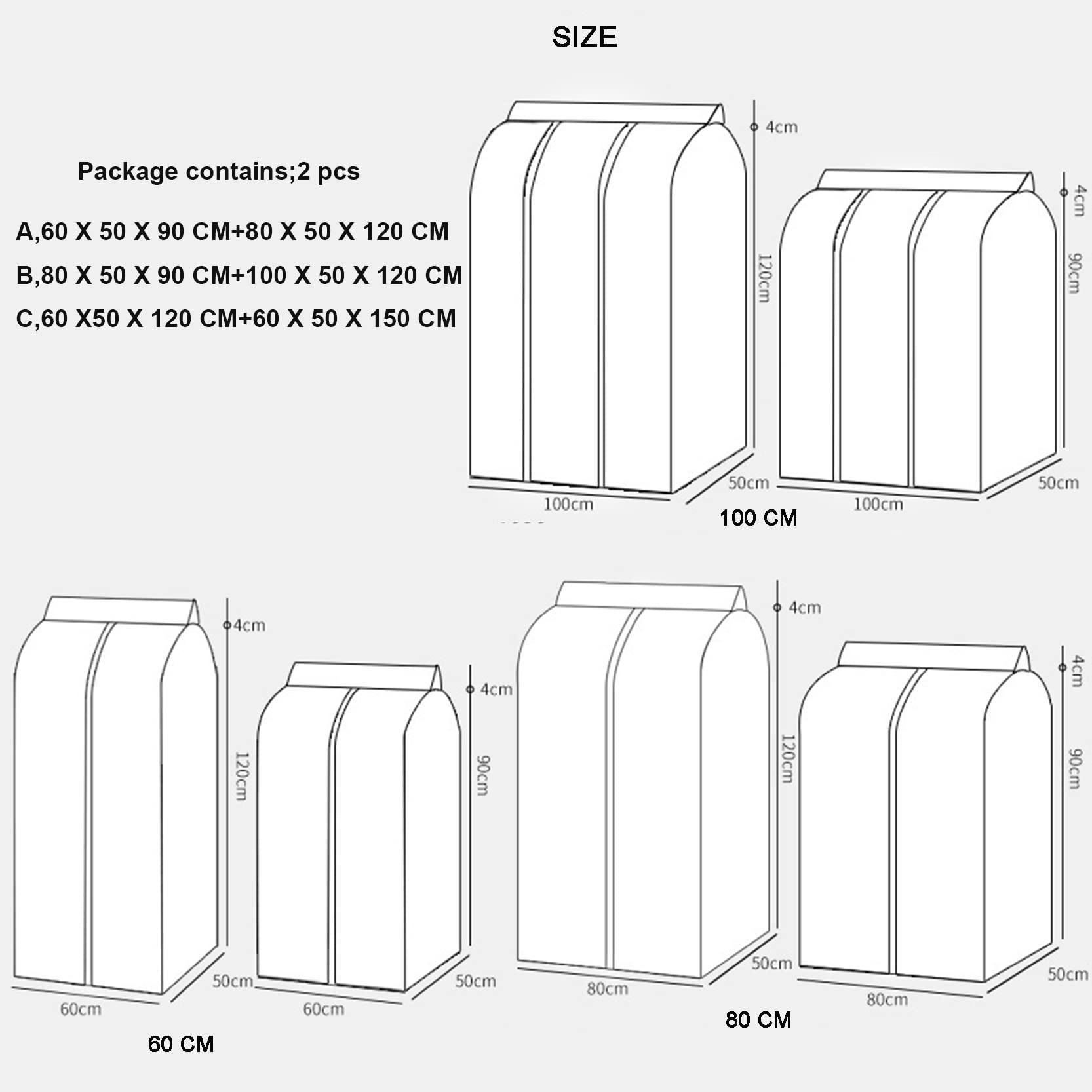 Traje Cubre Bolsas de Ropa 2 uds, Espesar PEVA Colgando Ropa Cubierta Vestido Bolsa con Cremallera, Bolsa de Almacenamiento de Ropa translúcida Tridimensional,B