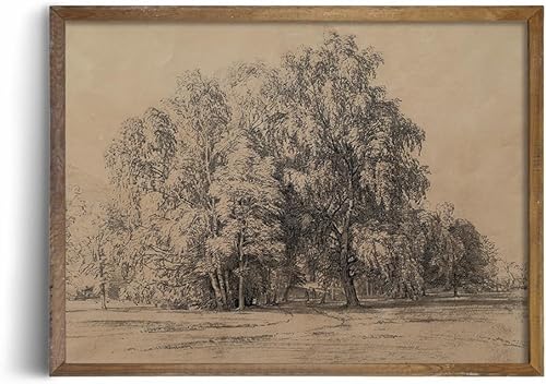 Miniatura 6 de Póster con estampado de árboles del bosque, color beige, dibujo de paisaje, grabado rústico, gris, arte de pared apagado, boceto gris neutro,