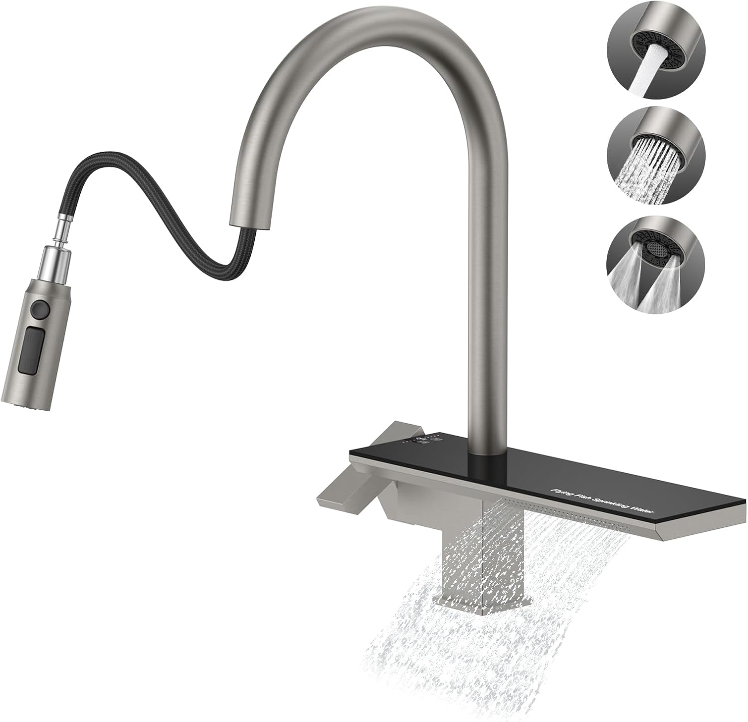 MBILLION Waterfall Kitchen Faucet with Pull Down Sprayer Brushed Nickel,Stainless Steel,4 Mode,Single-Hole,Single Handle Built-in Shelf,360° Rotation Commercial Farmhouse RV Bar Kitchen Sink Faucet Brushed Nickel 4 Function Knob