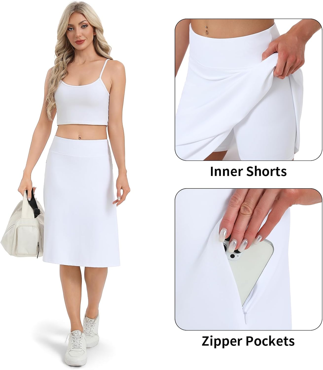 Women's Midi Knee Length Skirts with Zipper Pockets,26" Knee Length Skorts for Women Athletic Swim Skirts