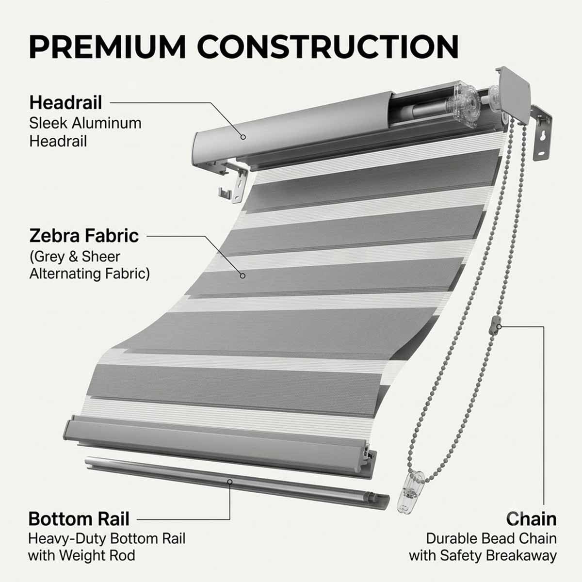 Store Enrouleur Blanc Largeur 50-155cm, Store Enrouleur Zébré pour Fenêtre Ou Porte, Rideau Translucide Et Occultant en Double Tissu, Fil Doux Lin(Blanc,W125xH240cm)