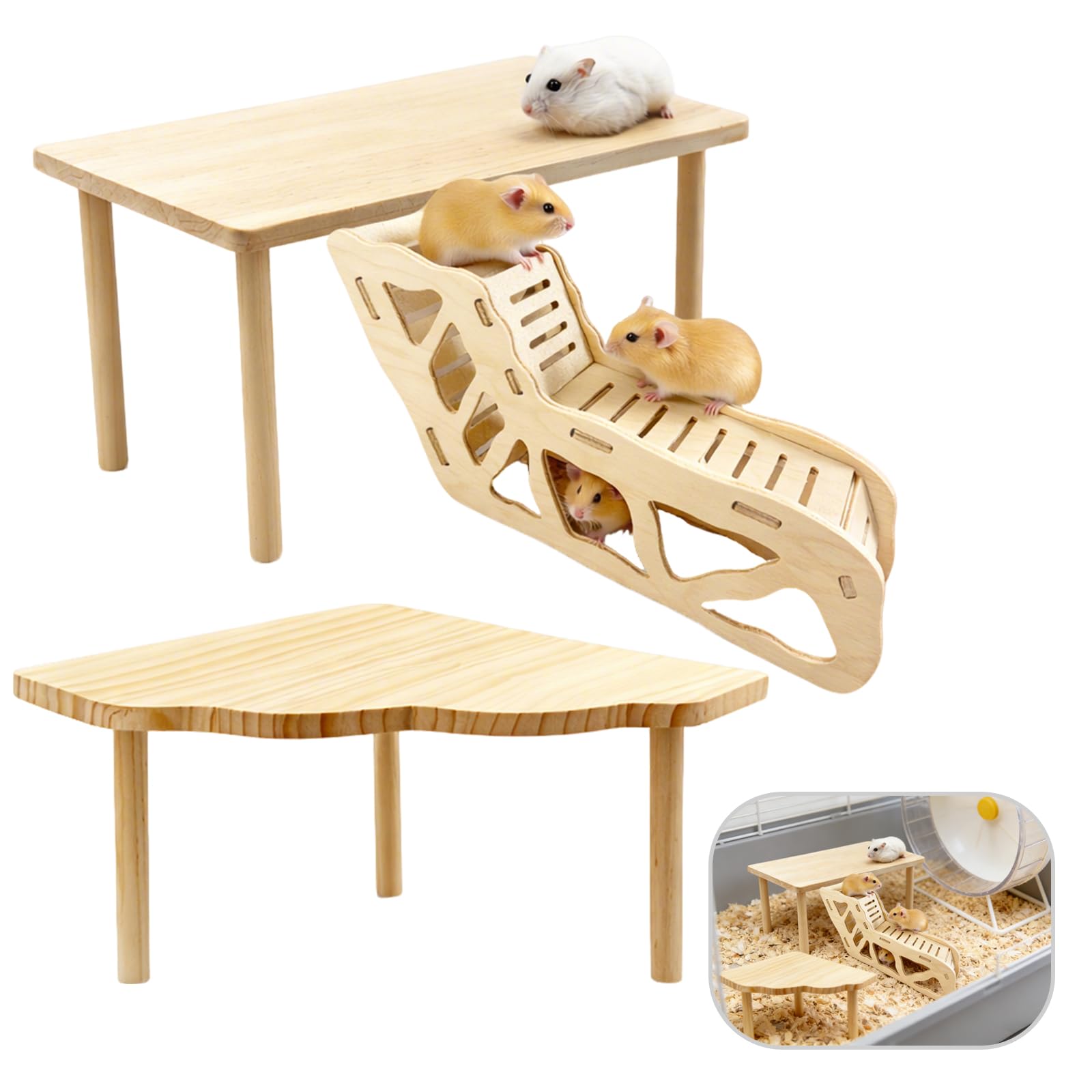 3-Piece Natural Wooden Hamster Play Platform with Tunnel Chewable, Exercise Resting Shelter for Small Animals Hamster Cage Accessory for Hamsters Gerbils Ghinchillas or Other Small Pets