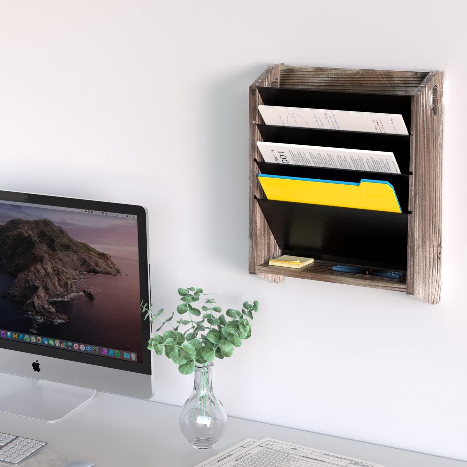 J JACKCUBE DESIGN Wall Document File Organizer Rustic Wood Magazine Rack with 5 Compartments Hanging Mail Holder for Home, Office - MK624A