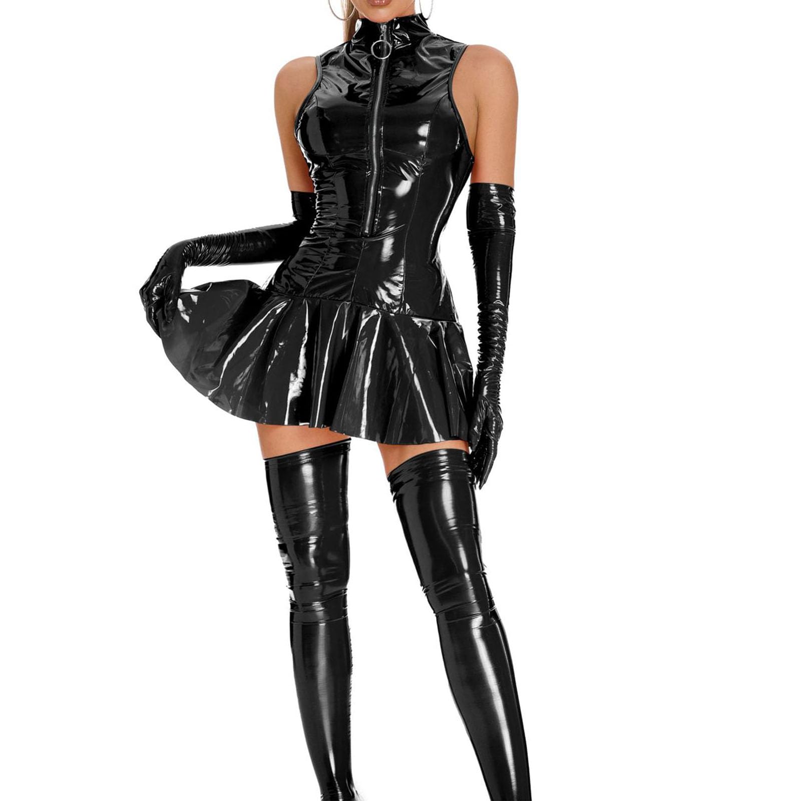 Generico Tuta da Donna Body in Lattice Lucido Body Elasticizzato alla Moda Body con Cerniera Frontale Ouvert per Pole Dance Body in Pelle Verniciata Clubwear,003,S