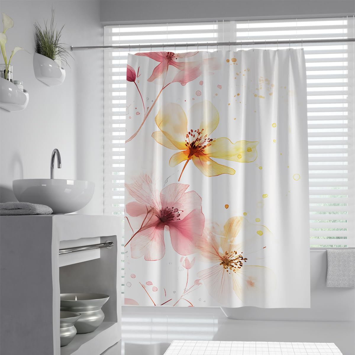 UIRINGART Pastel Pink Yellow Floral Blossom Shower Curtain W200xL200cm Elegant Ink Splatter Wildflowers Pattern Polyester Waterproof Mildew Resistant Bath Decoration With Hooks