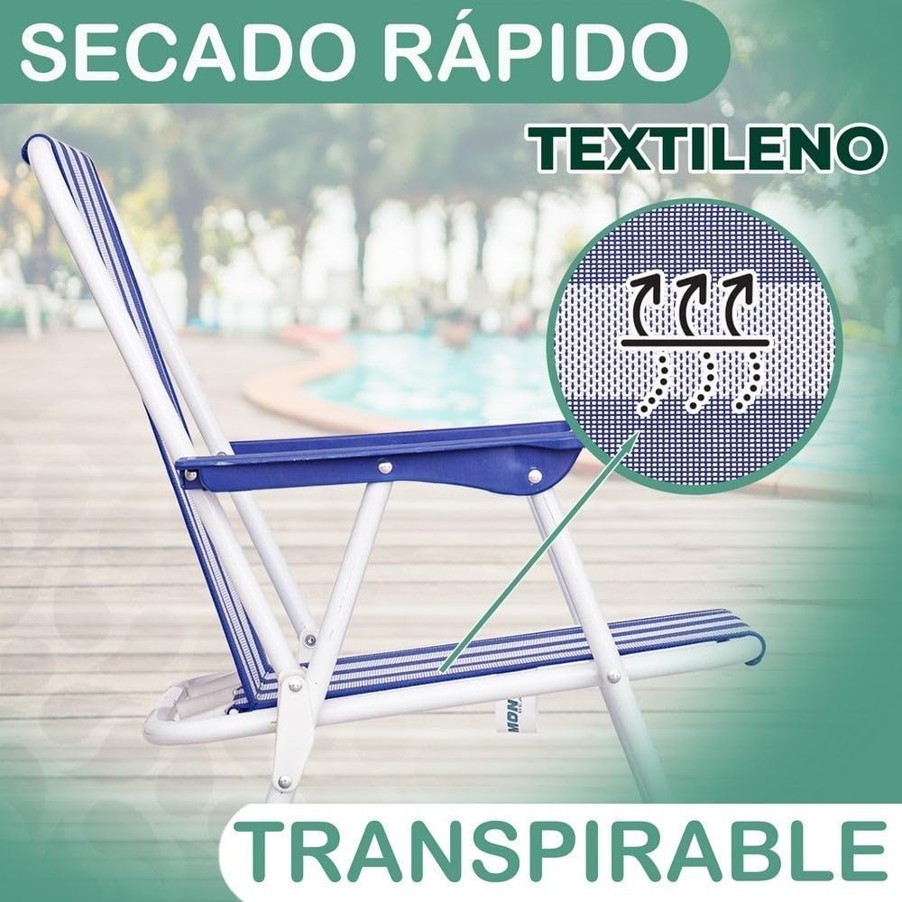 LOLAhome Pack 2 sillas Playa y Camping Plegables con Cierre de Seguridad, Estructura Acero Pintura Epoxi anticorrosión, Tejido textileno Transpirable de Rayas Multicolor, Respaldo Alto Mono-posición