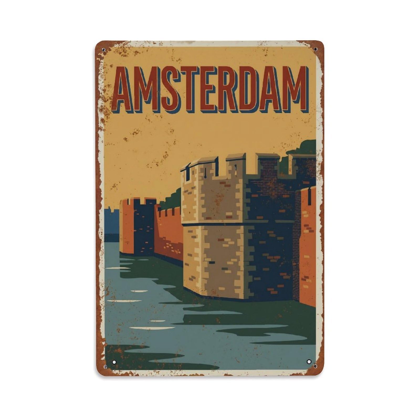 Okngb Style Retro Rampart Amsterdam Historic Landmark Architecture Metal Tin Sign Plaque Wall Decor For Cafe, Man Cave, Club Bar, Office, Home Garden Round Metal Poster 8X12inch