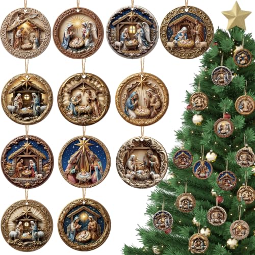 Image of Vercraft 24 Pcs Nativity Scene Ornaments for Christmas Tree Wooden Religious Xmas 3D Decorations Christian Manger Scene Hanging Ornaments Gifts for Christian Christmas Yard Garden Outdoor Home Decor