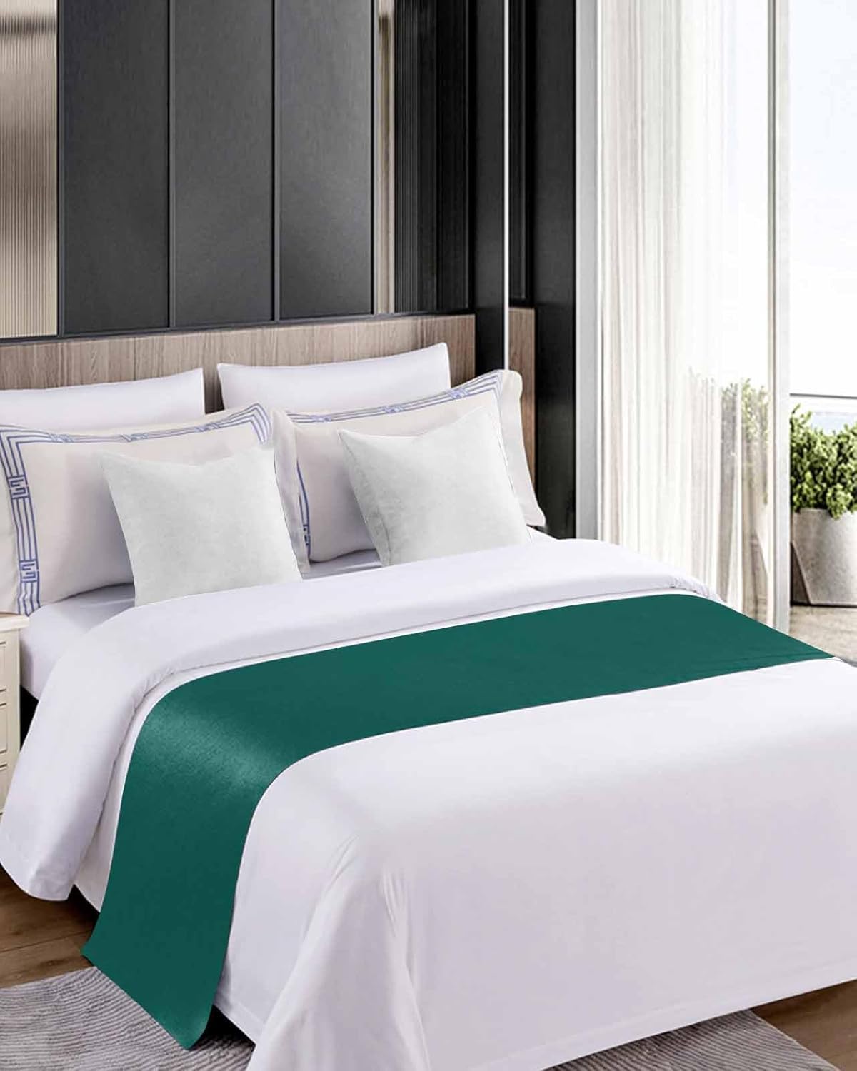 Green Bed Runner Scarf Bedding Accessory For Cal King Size Bed,Soft Bed Scarves And Runners Stainproof Bedroom Decor For Hotel Wedding Room,Luxurious Solid Pure Modern Minimalist Abstract Art 102"x20"