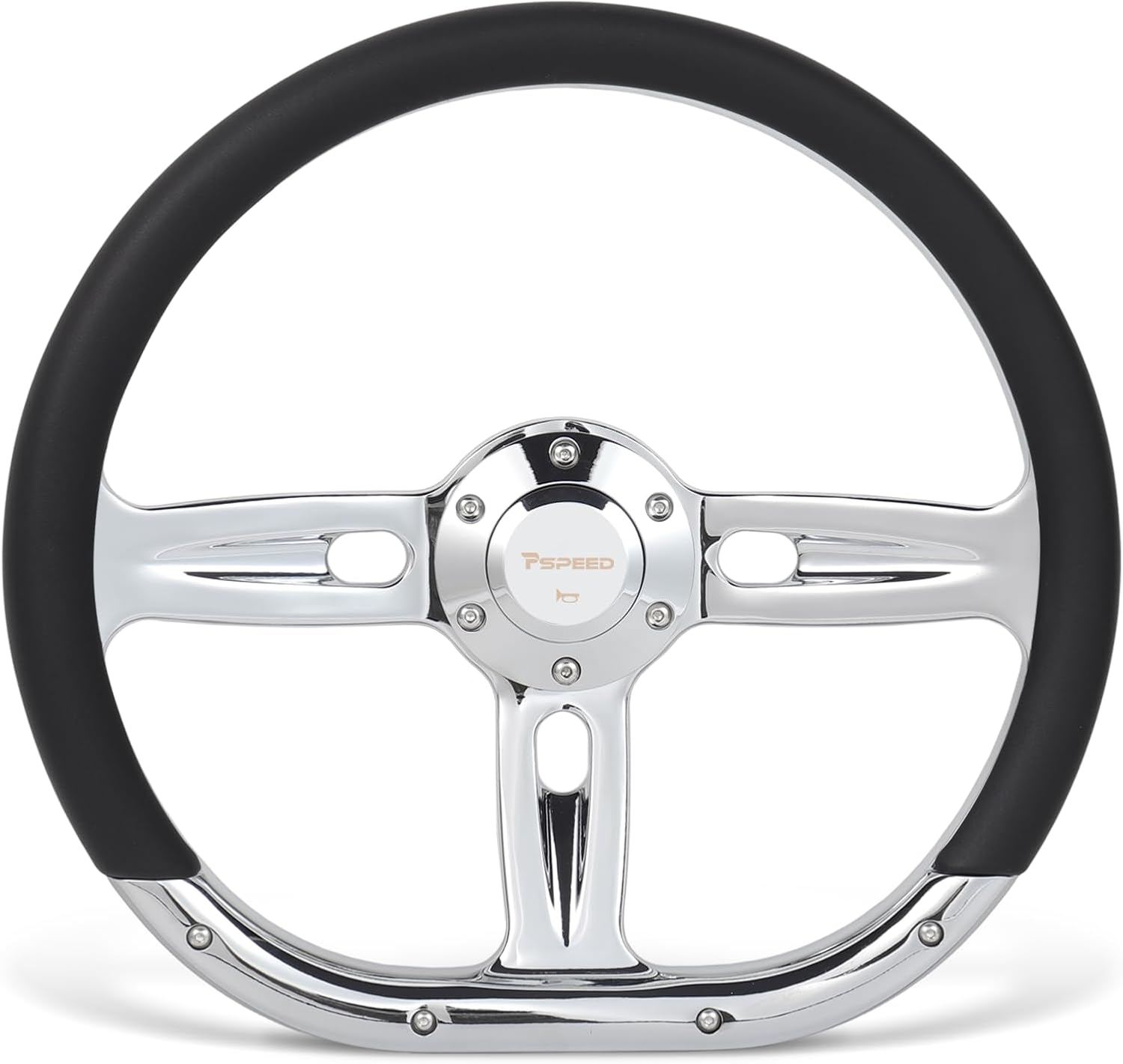 14 inch D-shaped steering wheel, 6 Bolt 3 Spokes Chrome-Plated aluminum alloy Black Microfiber Leather Grip Deep Dish 50MM with horn Fit for Cars,for Classic Car,for Vintage Car steering wheel