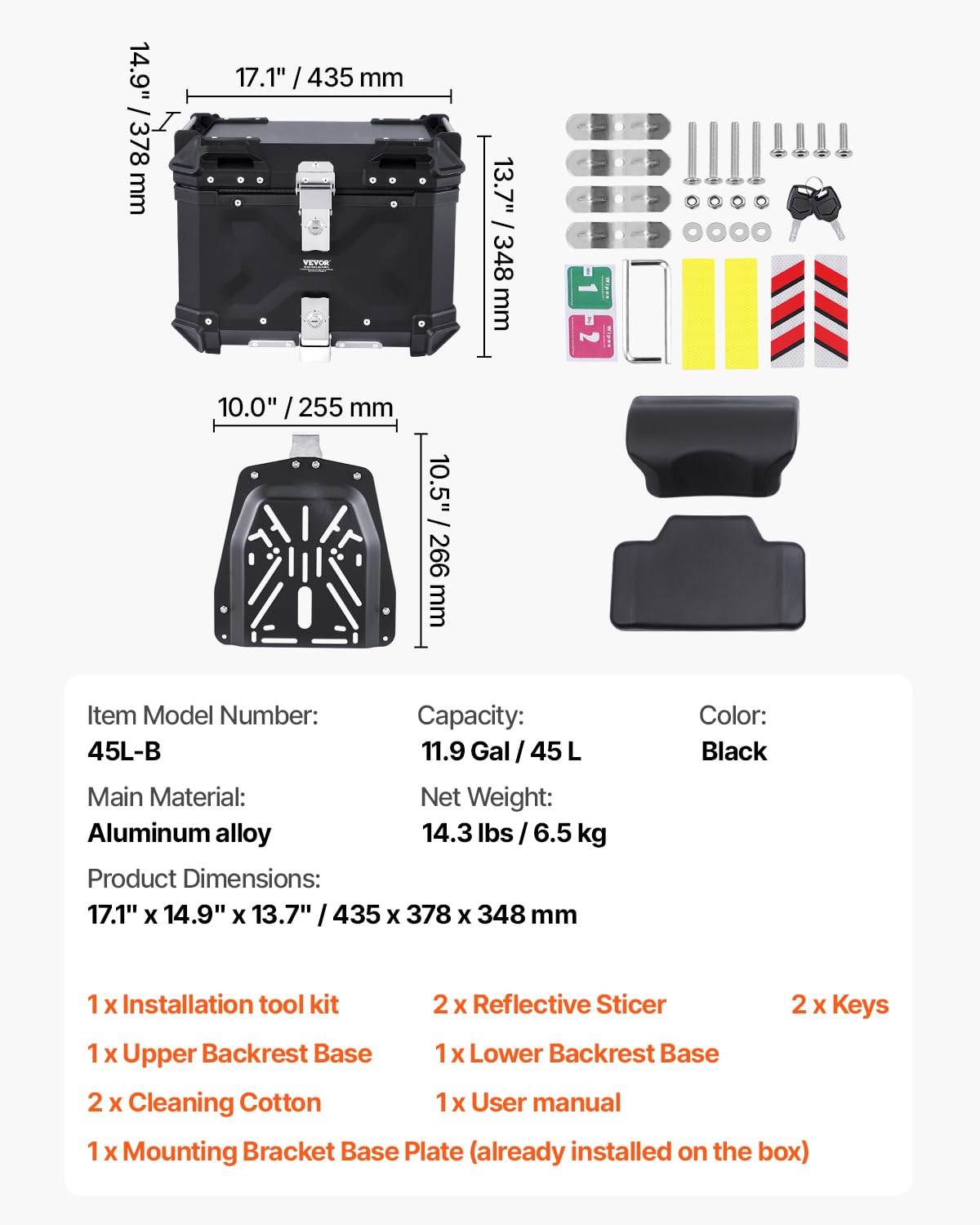 VEVOR Motorrad-Topcase 45 L Aluminiumlegierung Heckbox mit Schloss Rückenpolster Helmkoffer Schwarz