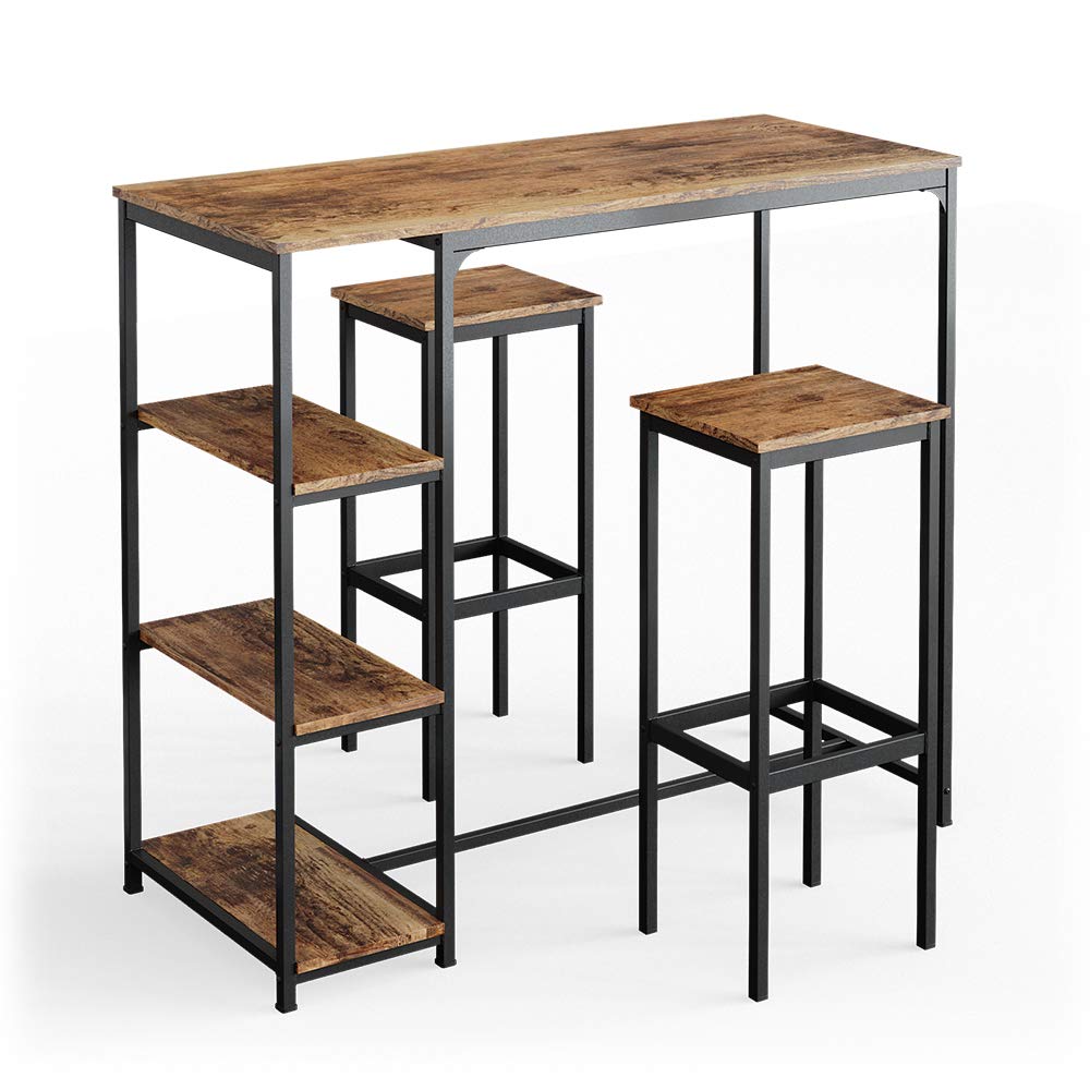 Vicco Bartisch-Set Fyrk – Eiche rustikal/Schwarz, 120 x 50 cm, mit Regalen und zwei Barhockern