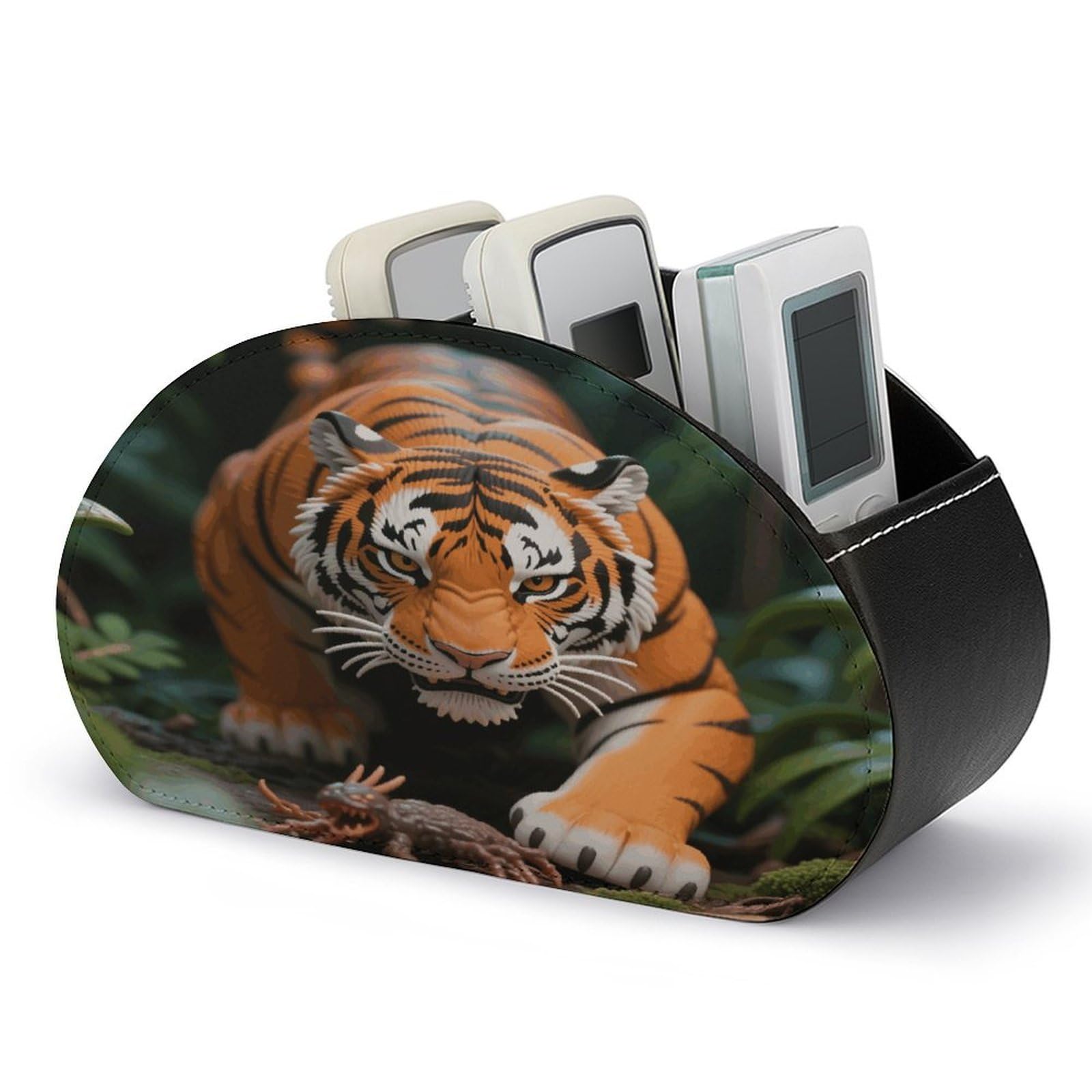 VstaDank Fierce Tiger Remote Control Holder PU Leather Multifunctional Office Makeup Organizer Brush Holder Desktop Storage with 5 Compartments
