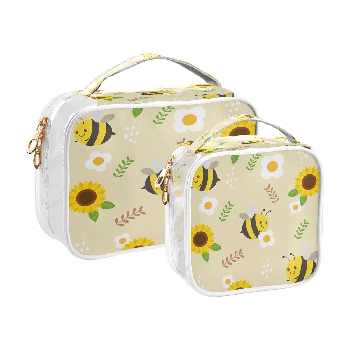 ALAZA Cute Bee Sunflower 2 Pcs Storage Bags Zippered Organizers Cosmetics Travel Case Toiletry Bag Transparent Tote Bags