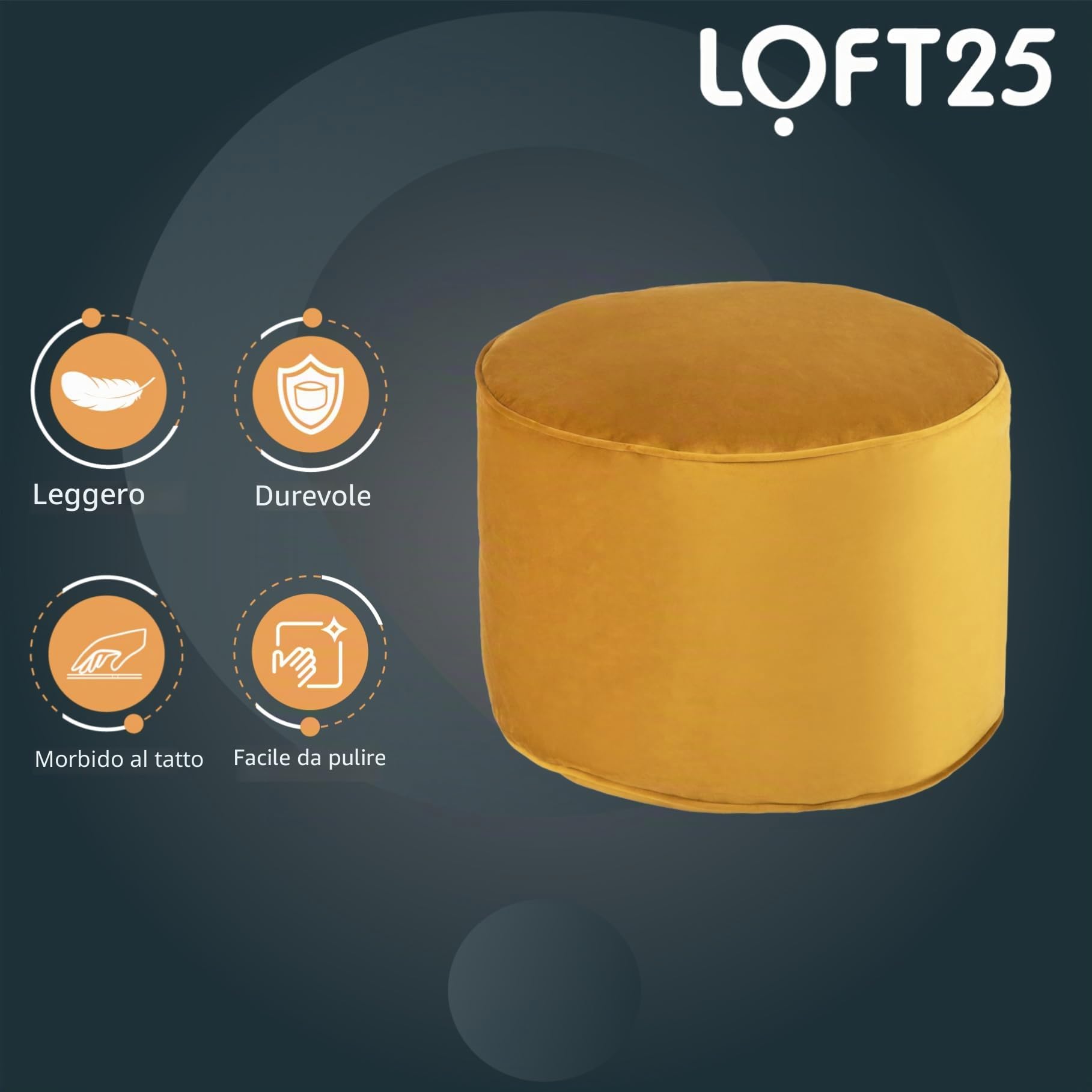 Loft 25 Pouf a Rotondo in Velluto | Pouf Poggiapiedi Imbottito per Soggiorno e Interni | Pouf a Sacco per la Casa | Design Ergonomico per Sostegno del Corpo | Resistente e Confortevole (Tumeric)