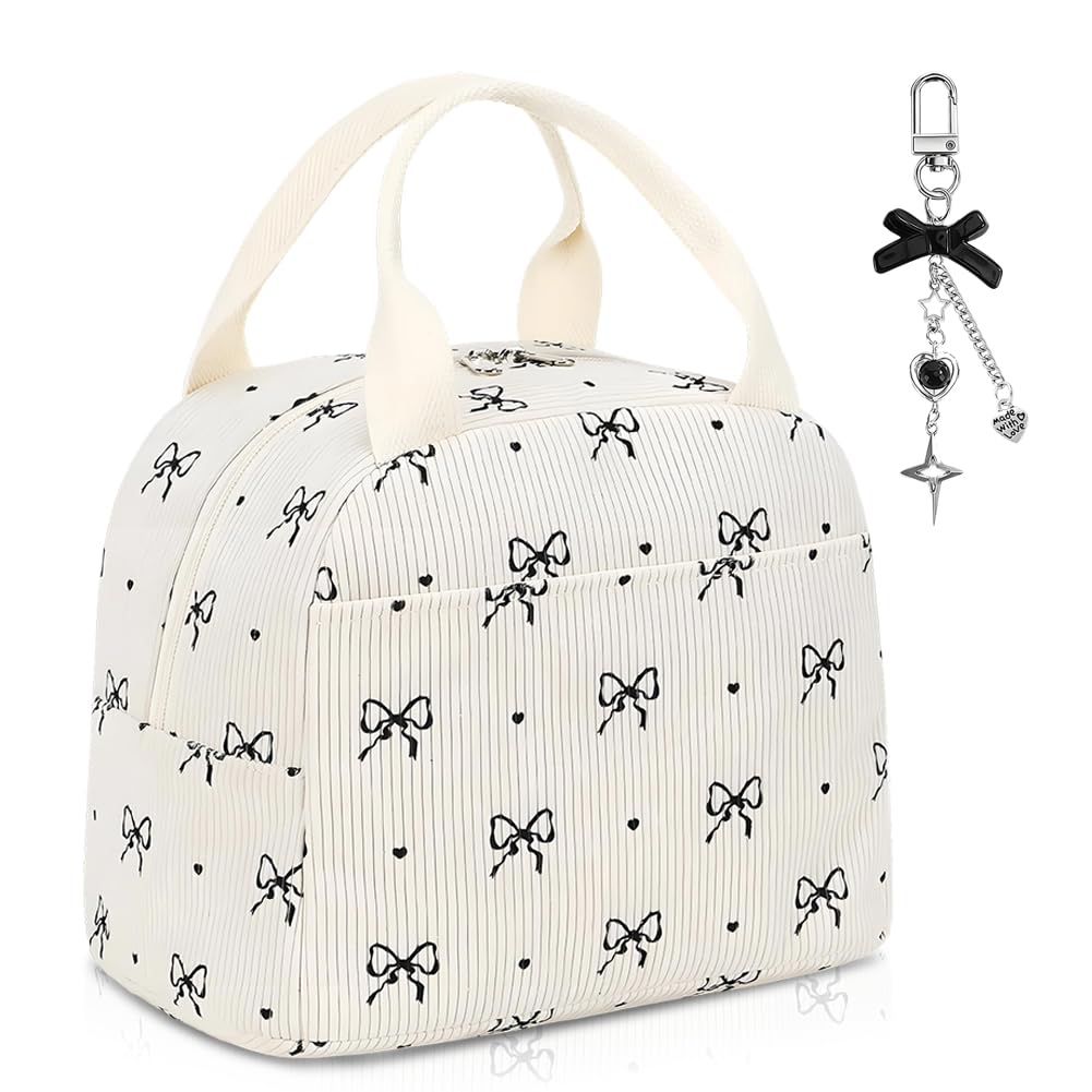 VorErgyllic Bow Lunch Bag and Bow Charm Chain 2 Pieces Set, Portable Girls Lunch Bag, Reusable Insulated Lunchbag, Black Bowknot Keychain Bags Charm for Women Children Work School Picnic Travel