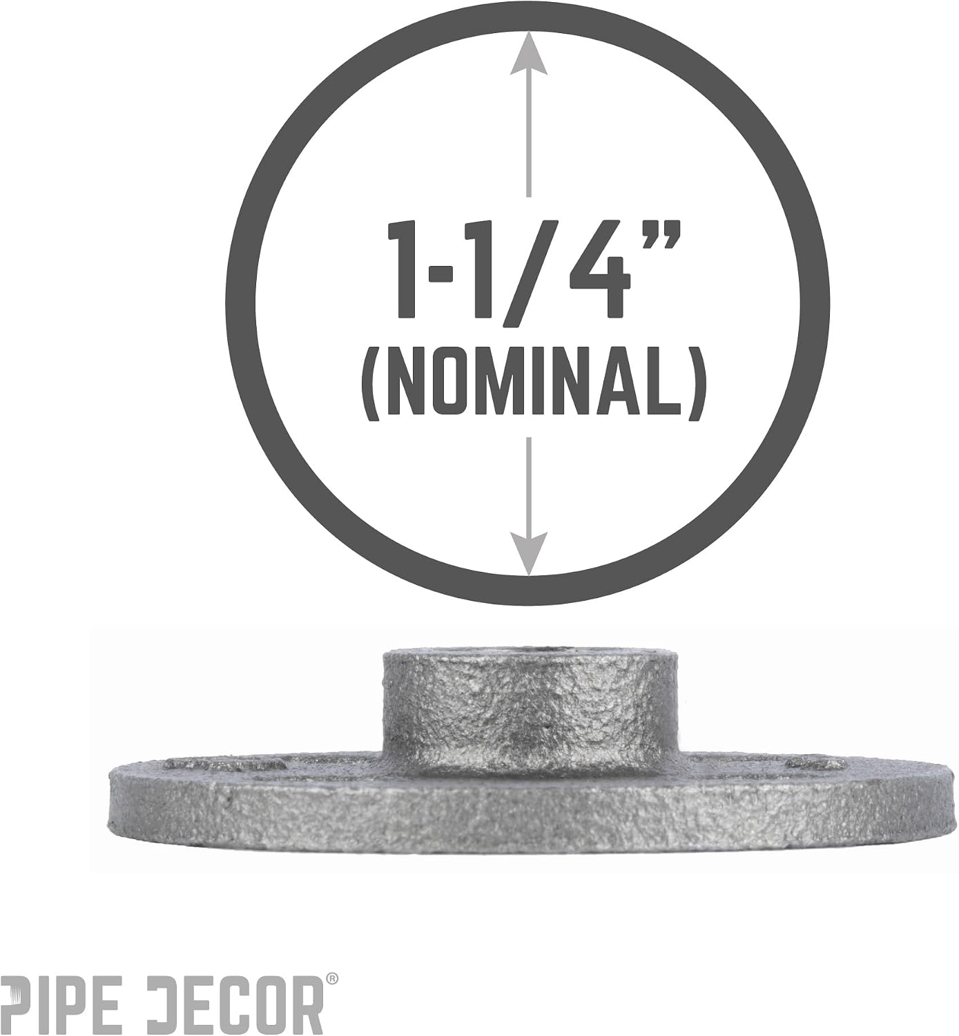 PIPE DECOR 1-1/4" Malleable Iron Floor Flange 4 Pack, Industrial Steel Grey Fits Standard 1.25 Inch Threaded Black Pipes and Fittings, Vintage DIY Table, Four Real Heavy Duty Plumbing Flanges