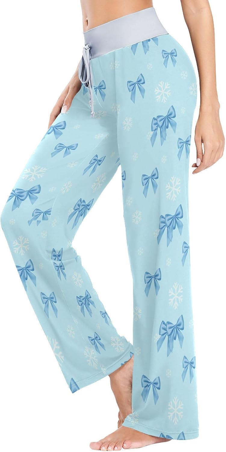 Bow-knotWomen's Long Pajama Lounge Pants，Casual Stretch Yoga Pants，Drawstring Bottoms Pants Wide Leg XS