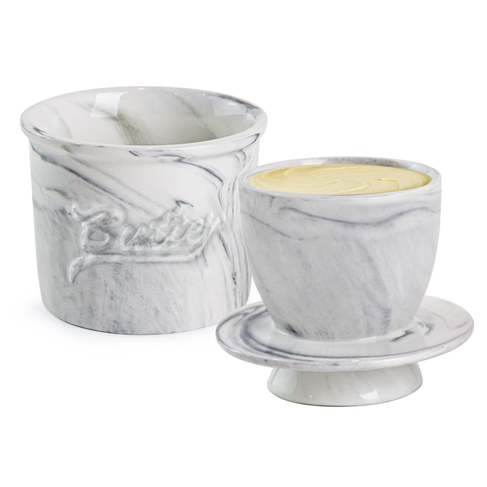 Butter Crock for Counter with Water, French Butter Keeper for Spreadable Butter Marble Ceramic Butter Dish with Lid for Countertop, Butter Container Holder