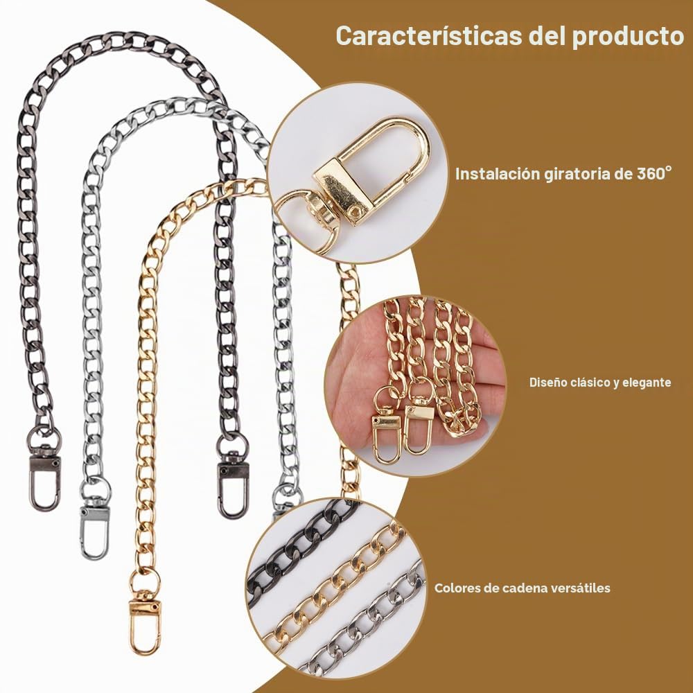 8 Piezas Cadenas de Bolsa Oro Plateado, Cadenas para Bolsos Set de Mujer con Hebillas, Duradero Sin Correa de Cadena Plana Metal para DIY Bolso de Hombro, Embragues, Carteras (40cm, 60cm, 80cm)