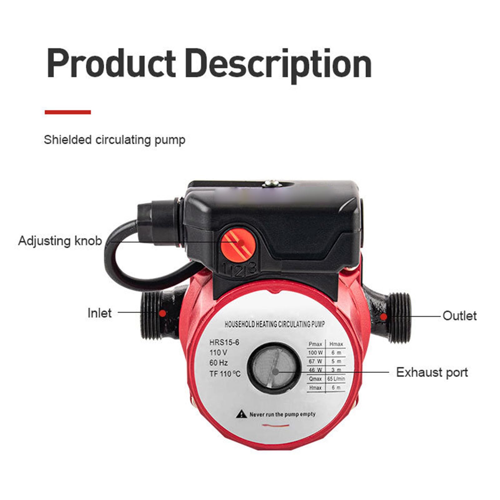 Pompa di ricircolo acqua calda 65 l/min 46 W 67 W 100 W Pompa di circolazione schermata a 3 velocità per di riscaldamento NPT Tubo da 1 pollice Giunto da 3/4 pollici