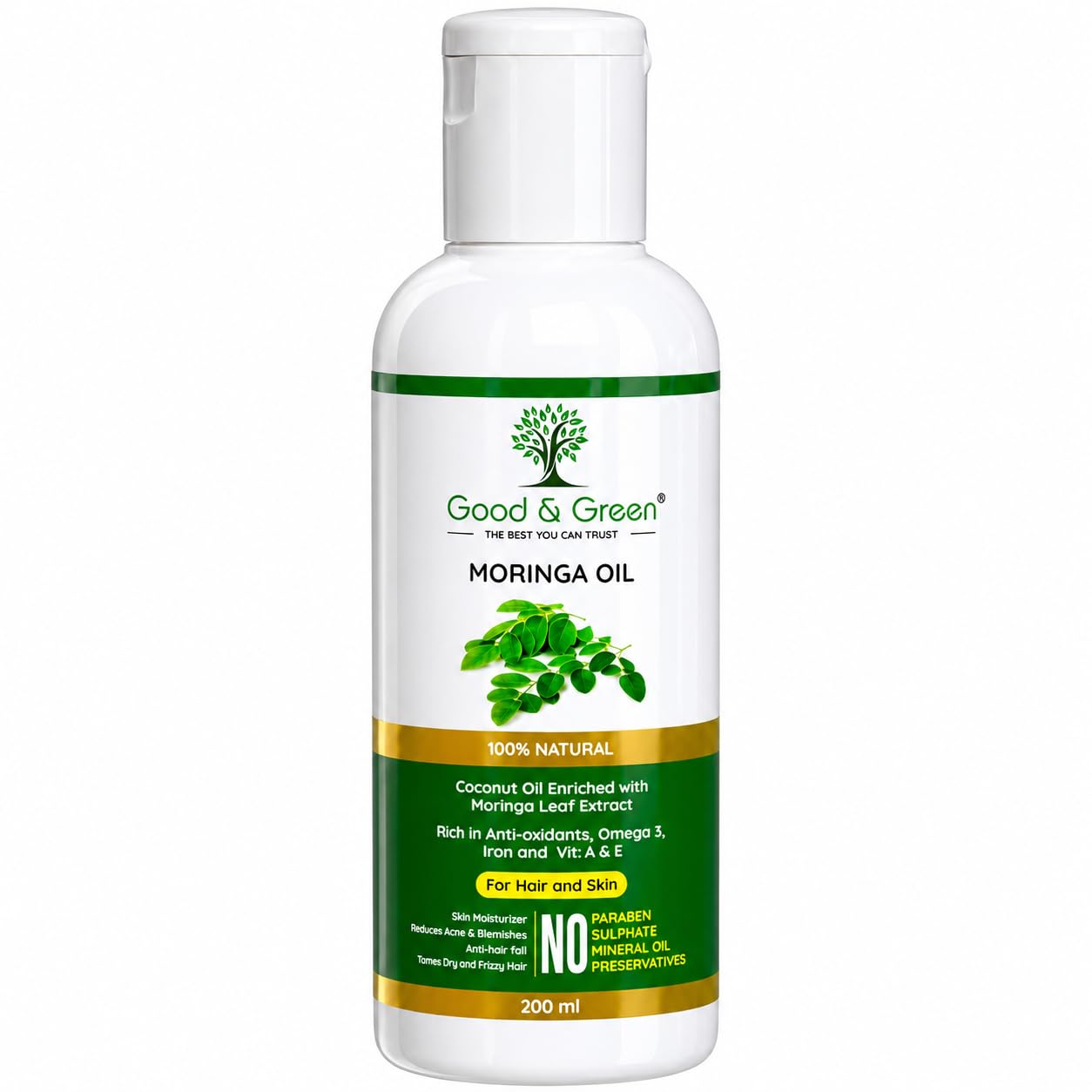 Good & Green Moringa Oil | Natural Moringa extract & Cold Pressed Coconut Oil | For Hair and Skin | Nourishes Skin | Reduces Fine Lines | Anti-Aging | For Conditioned Silky Hair | Soft Healthy Skin (200ml)-image-1
