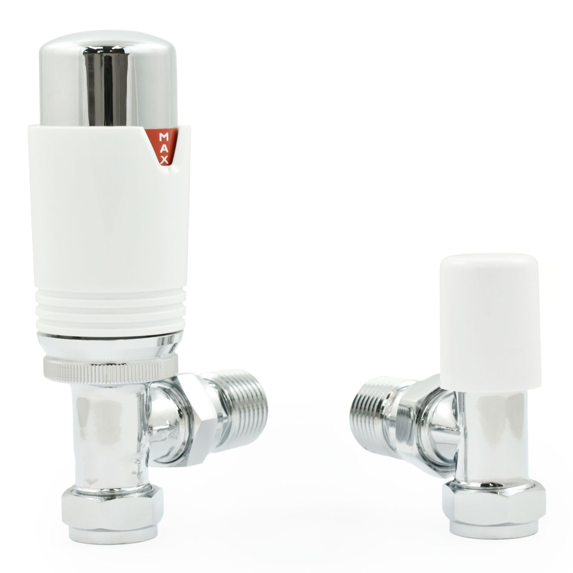 Válvula termostática de radiador TRV en ángulo cromado y blanco (par) incluye cuerpo TRV en ángulo, cabezal de rueda, escudo de bloqueo. o control de temperatura rápido y fácil.